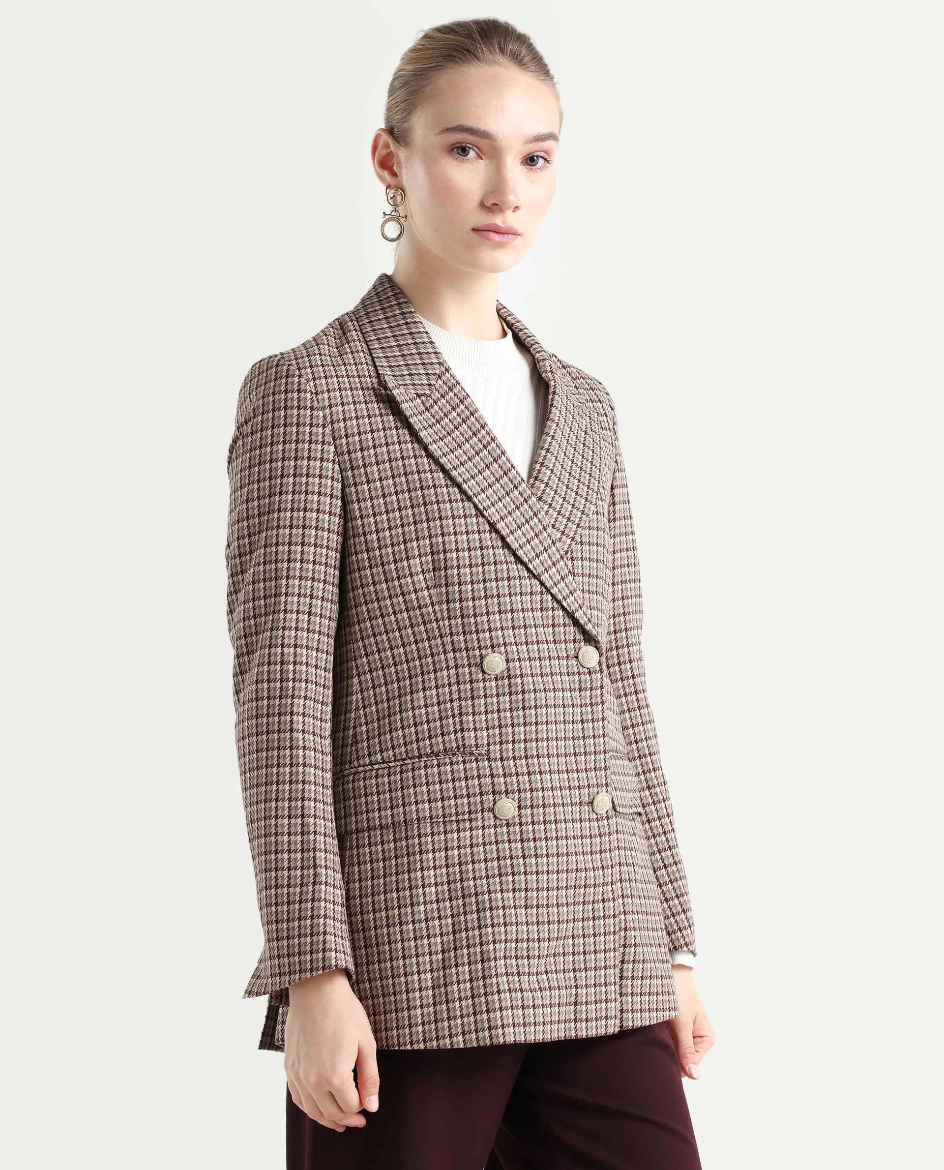 Rareism Women's Tanbi Brown Polyester Lapel Neck Jacquard Regular Fit Blazer