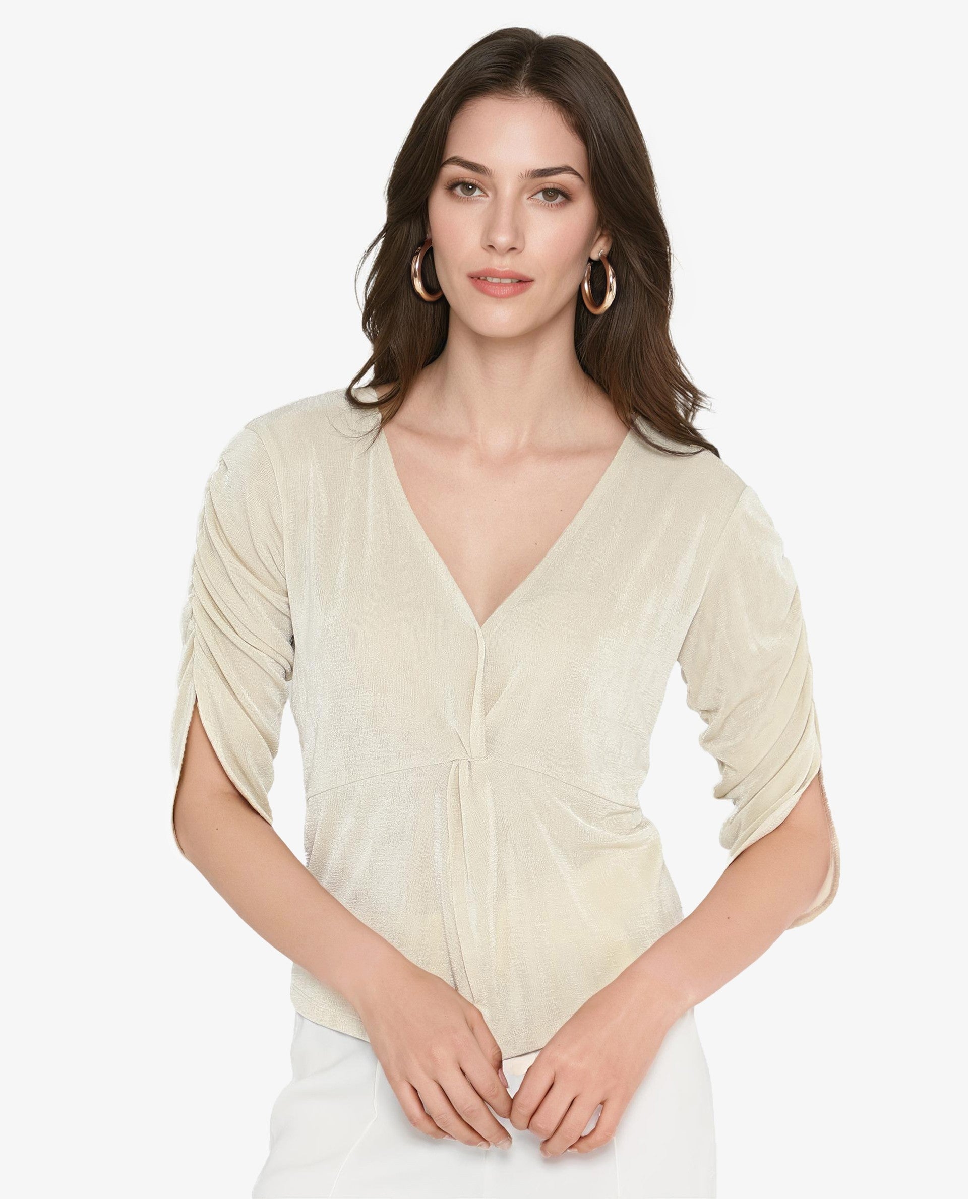 Rareism Women's Tangiren Light Beige Polyester V-Neck Plain Gathered Sleeve Regular Fit Top