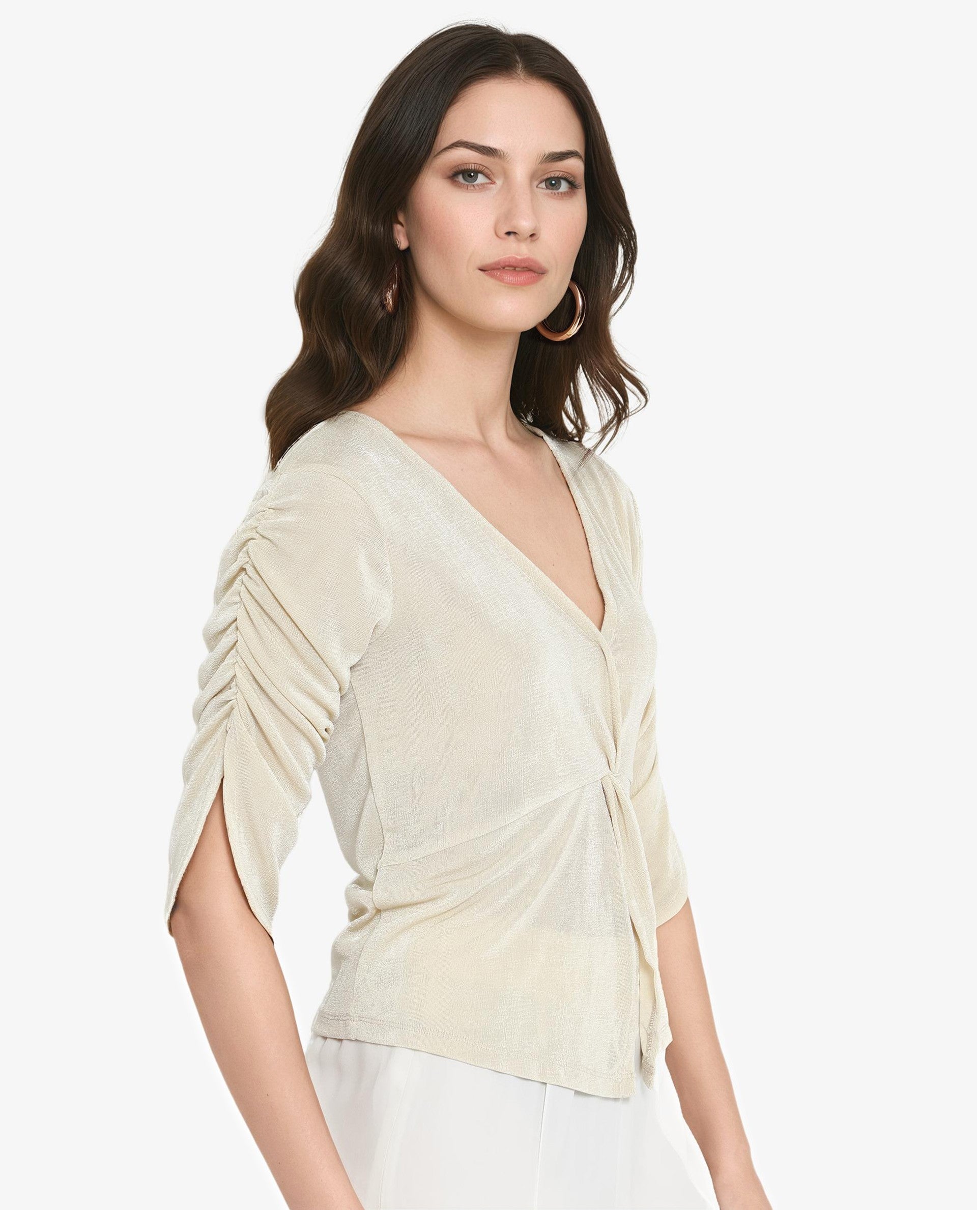 Rareism Women's Tangiren Light Beige Polyester V-Neck Plain Gathered Sleeve Regular Fit Top