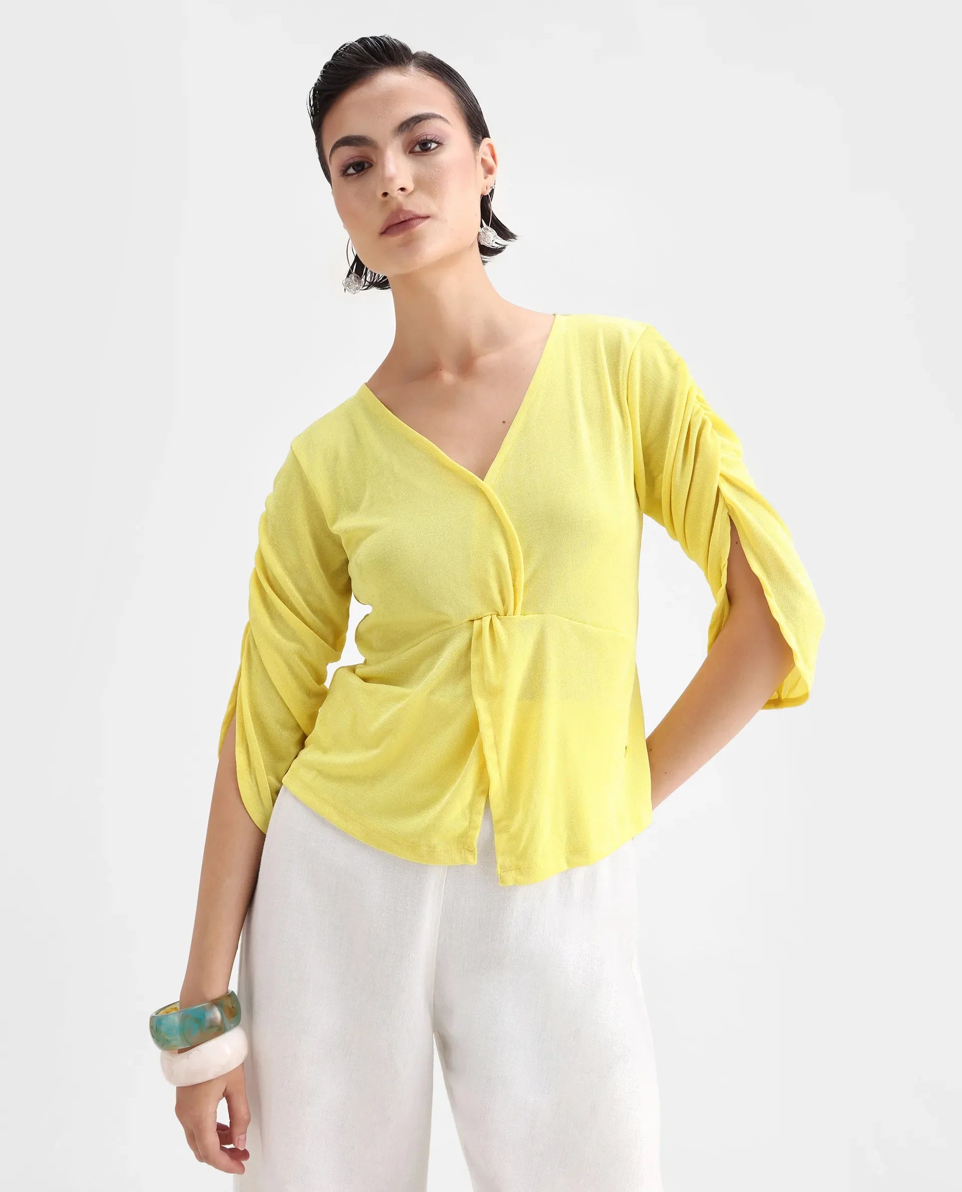 Rareism Women's Tangiren Yellow Polyester V-Neck Plain Gathered Sleeve Regular Fit Top
