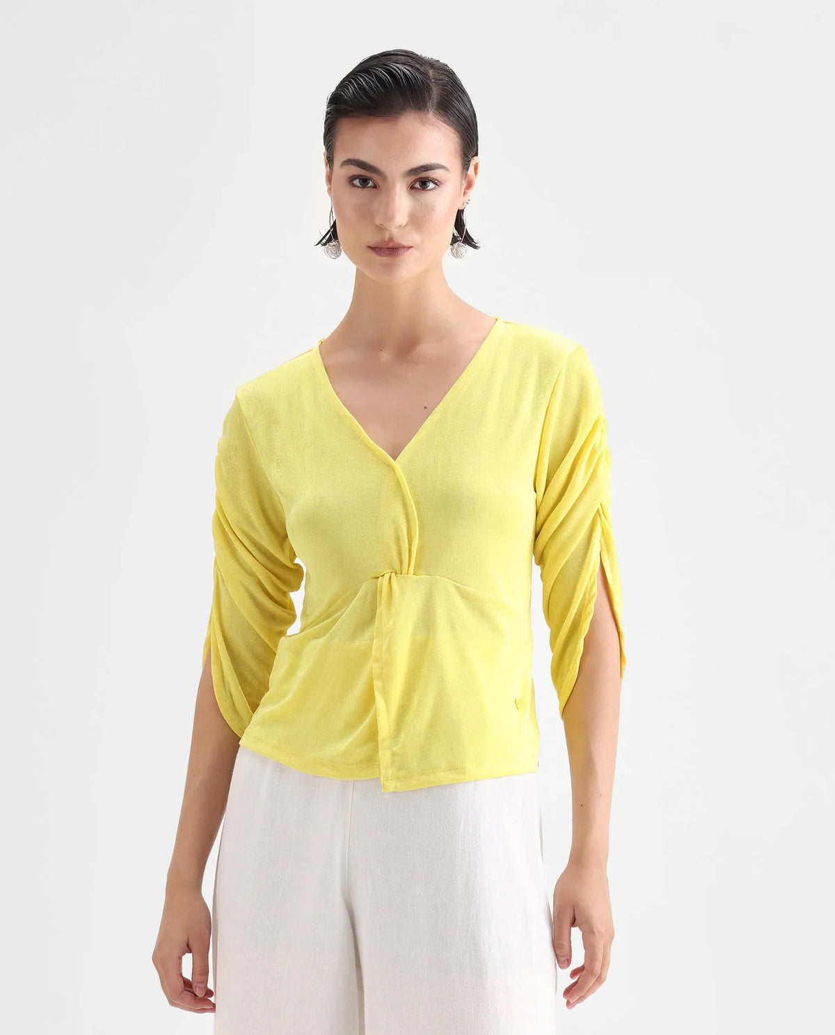 Rareism Women's Tangiren Yellow Polyester V-Neck Plain Gathered Sleeve Regular Fit Top