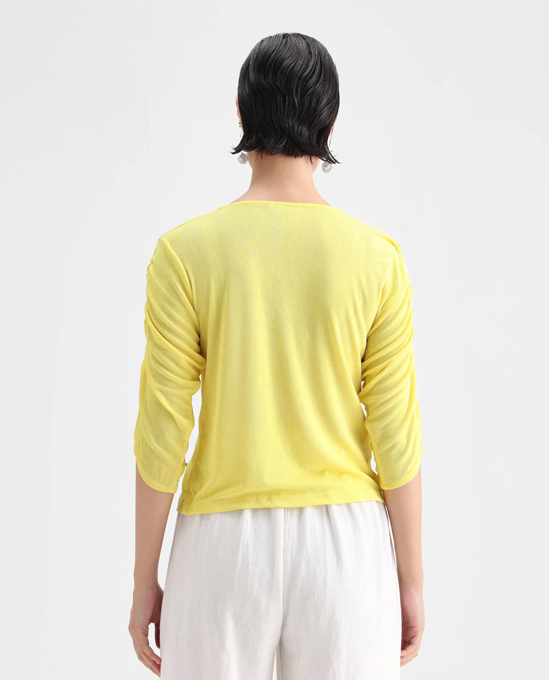 Rareism Women's Tangiren Yellow Polyester V-Neck Plain Gathered Sleeve Regular Fit Top