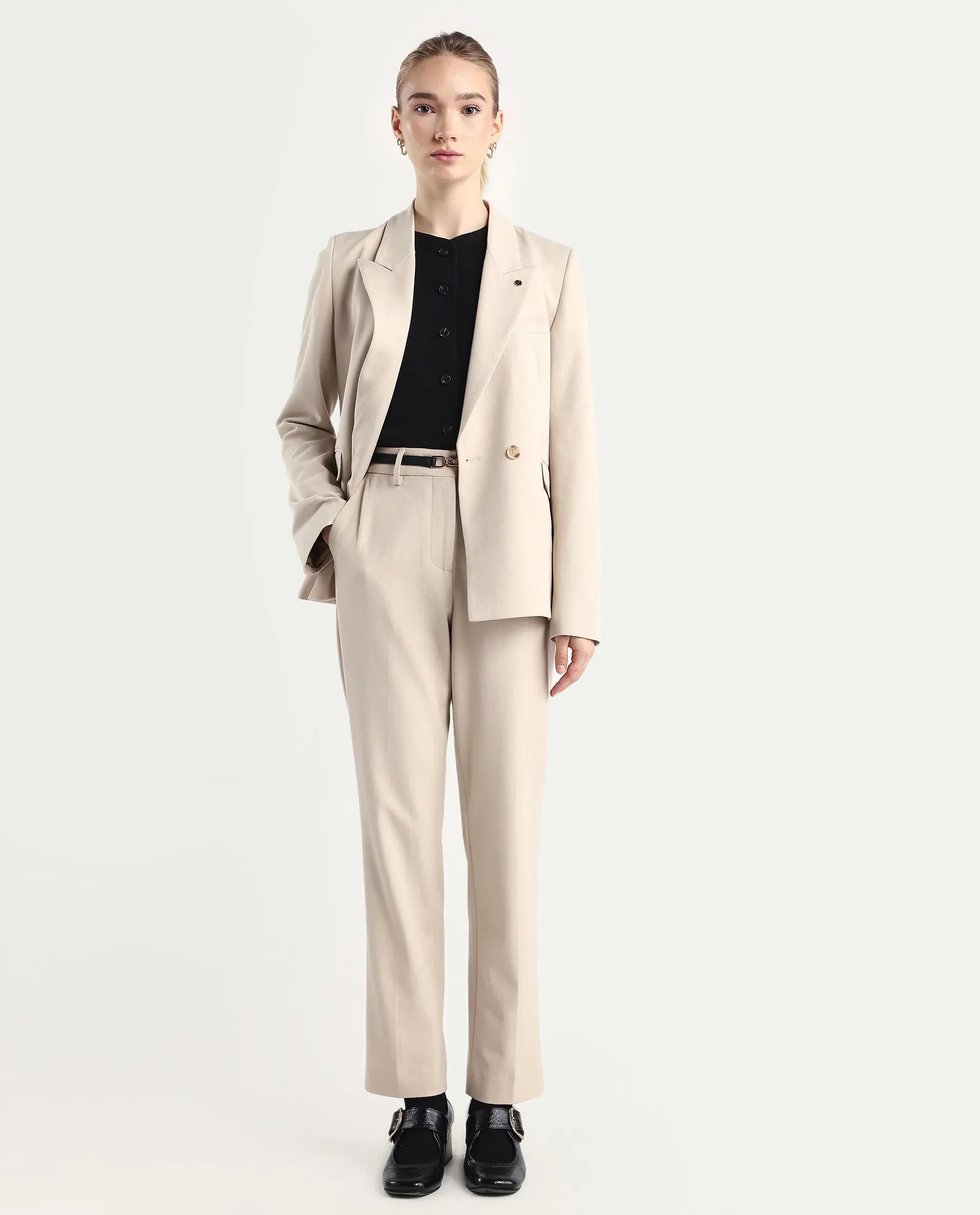 Rareism Women Taper Beige Polyester Blend Button Closure Tapered Fit Plain Travel Trouser