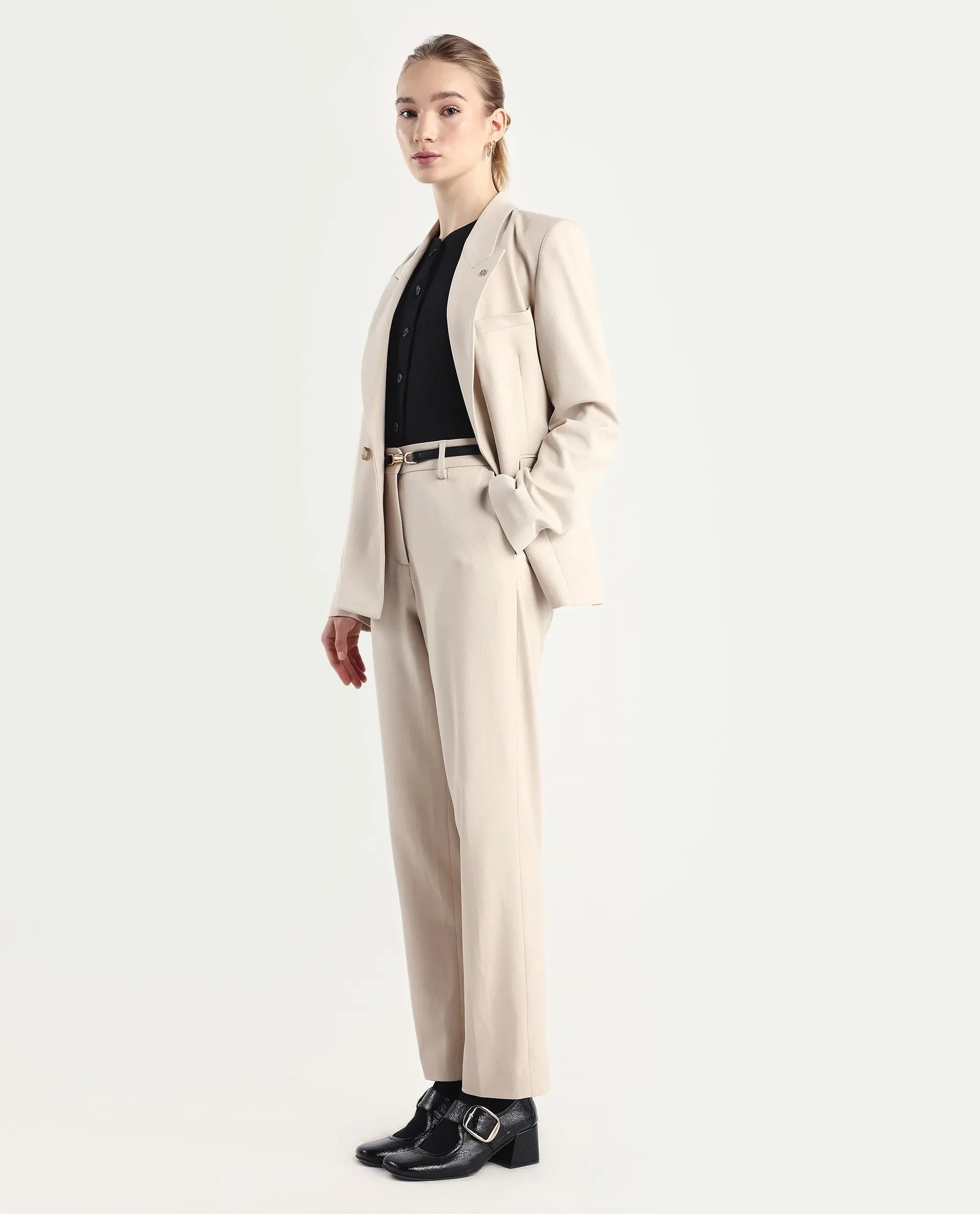 Rareism Women Taper Beige Polyester Blend Button Closure Tapered Fit Plain Travel Trouser