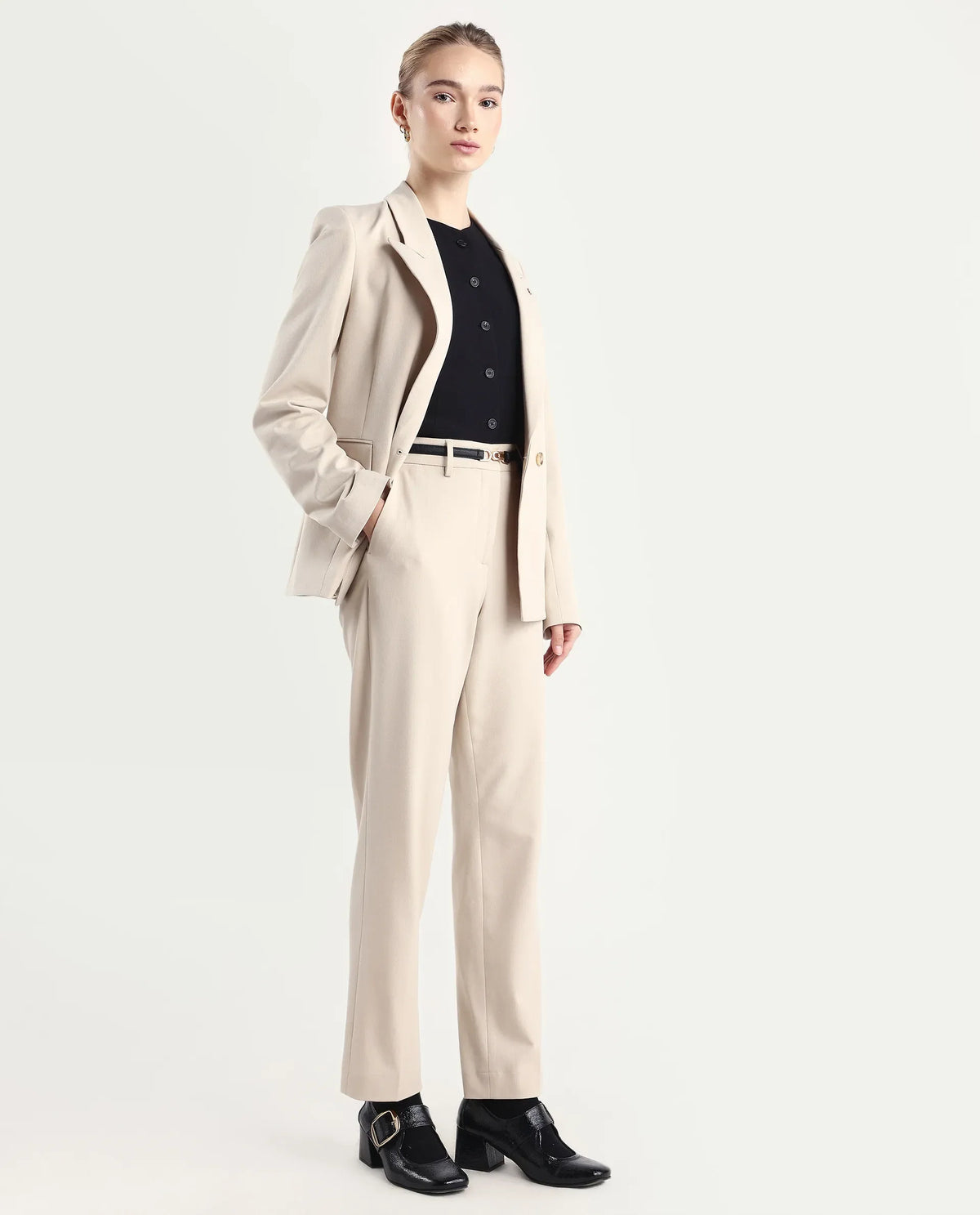 Rareism Women Taper Beige Polyester Blend Button Closure Tapered Fit Plain Travel Trouser