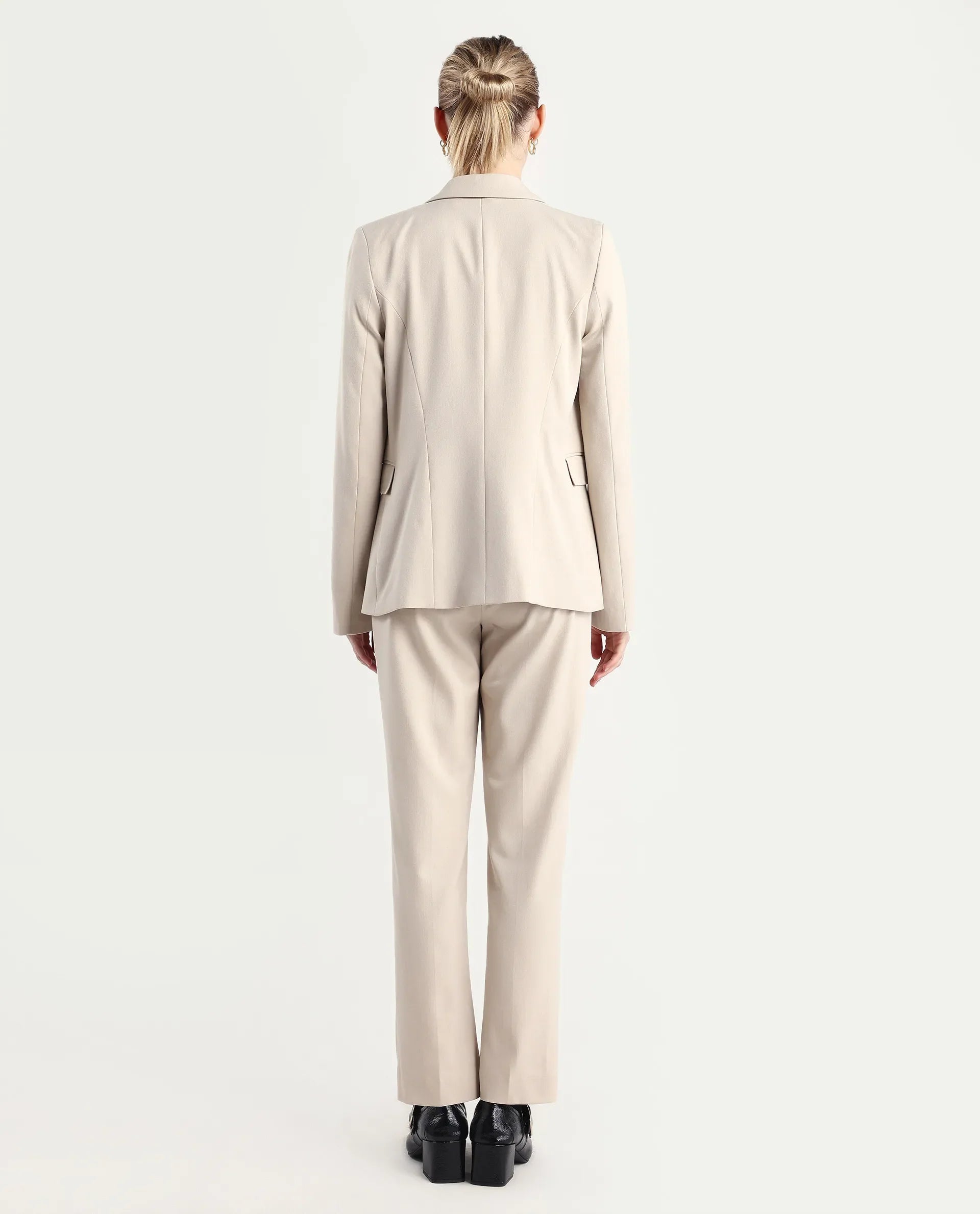 Rareism Women Taper Beige Polyester Blend Button Closure Tapered Fit Plain Travel Trouser