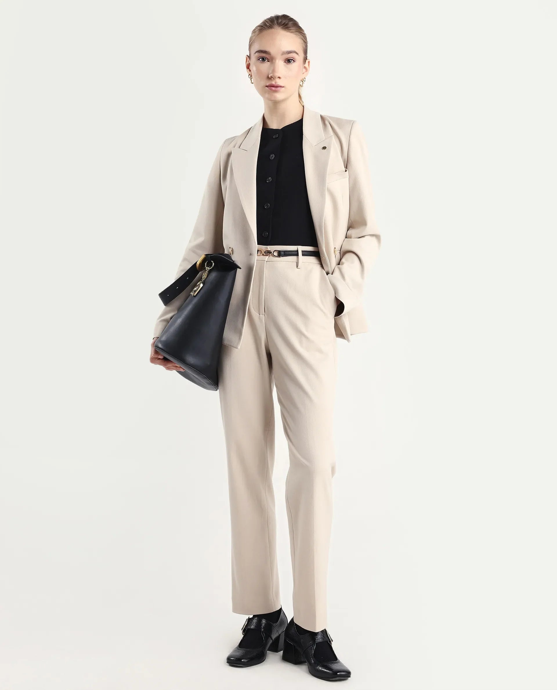 Rareism Women Taper Beige Polyester Blend Button Closure Tapered Fit Plain Travel Trouser