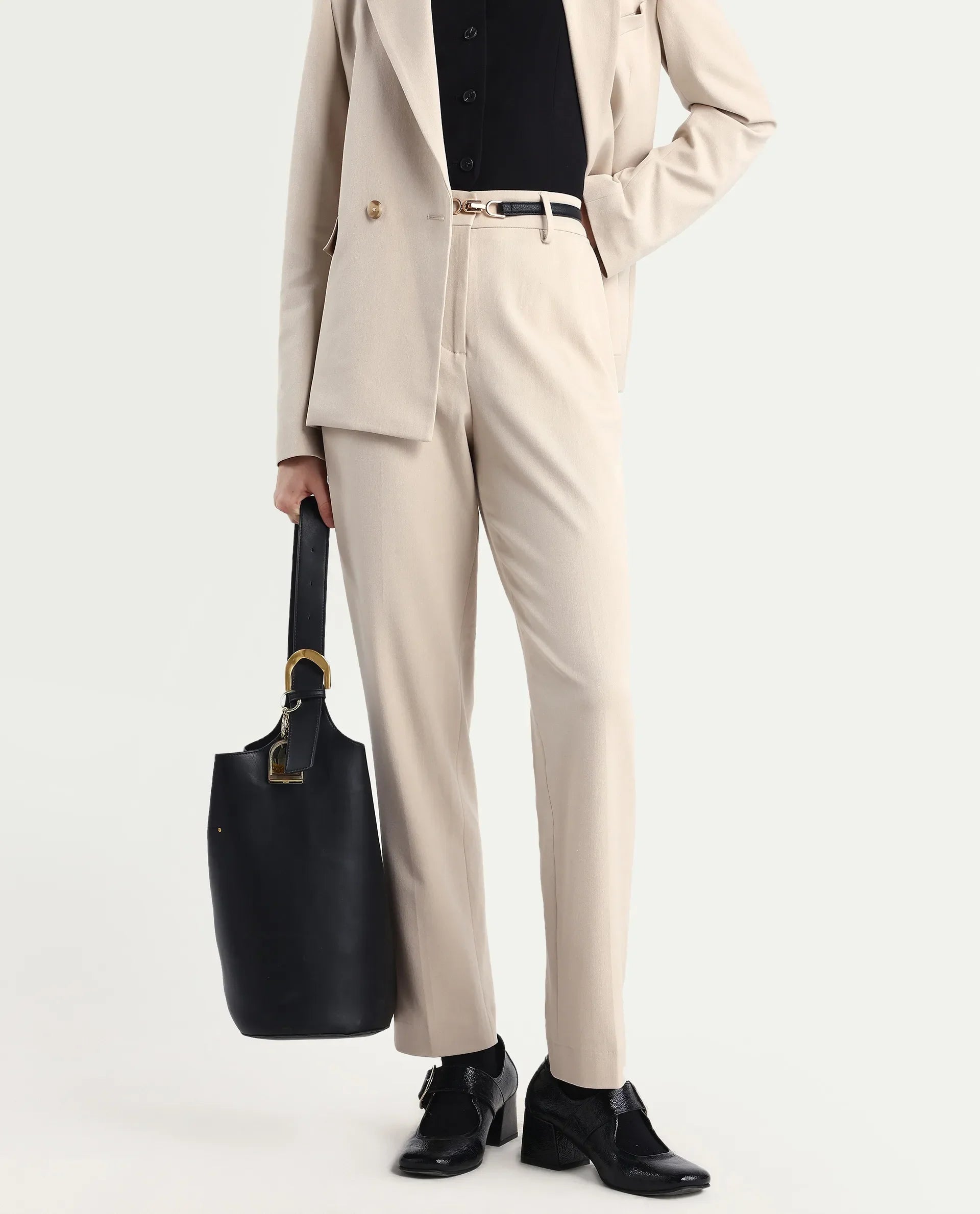 Rareism Women Taper Beige Polyester Blend Button Closure Tapered Fit Plain Travel Trouser