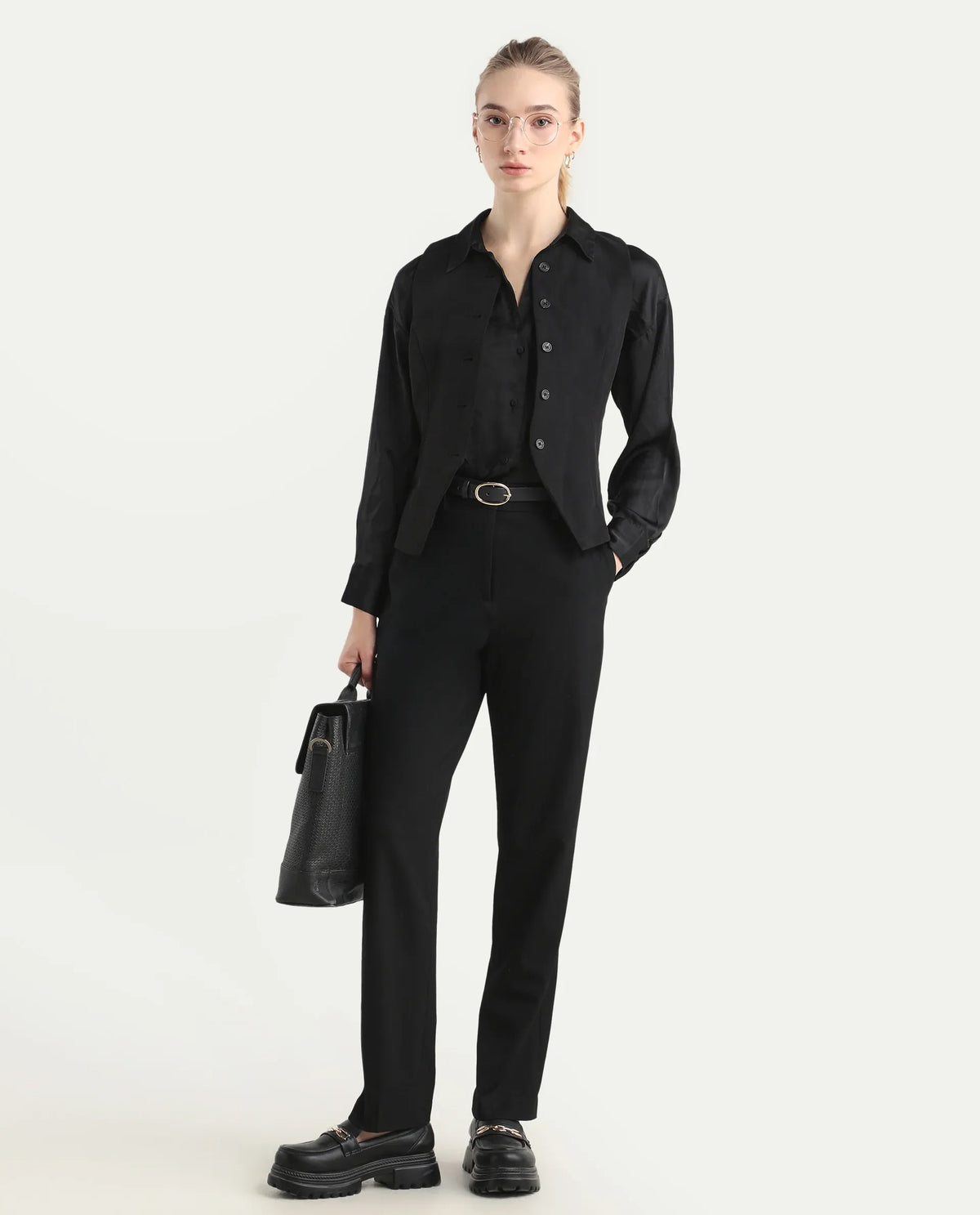 Rareism Women's Taper Black Polyester Blend Tapered Ankle Length Plain Travel Trouser