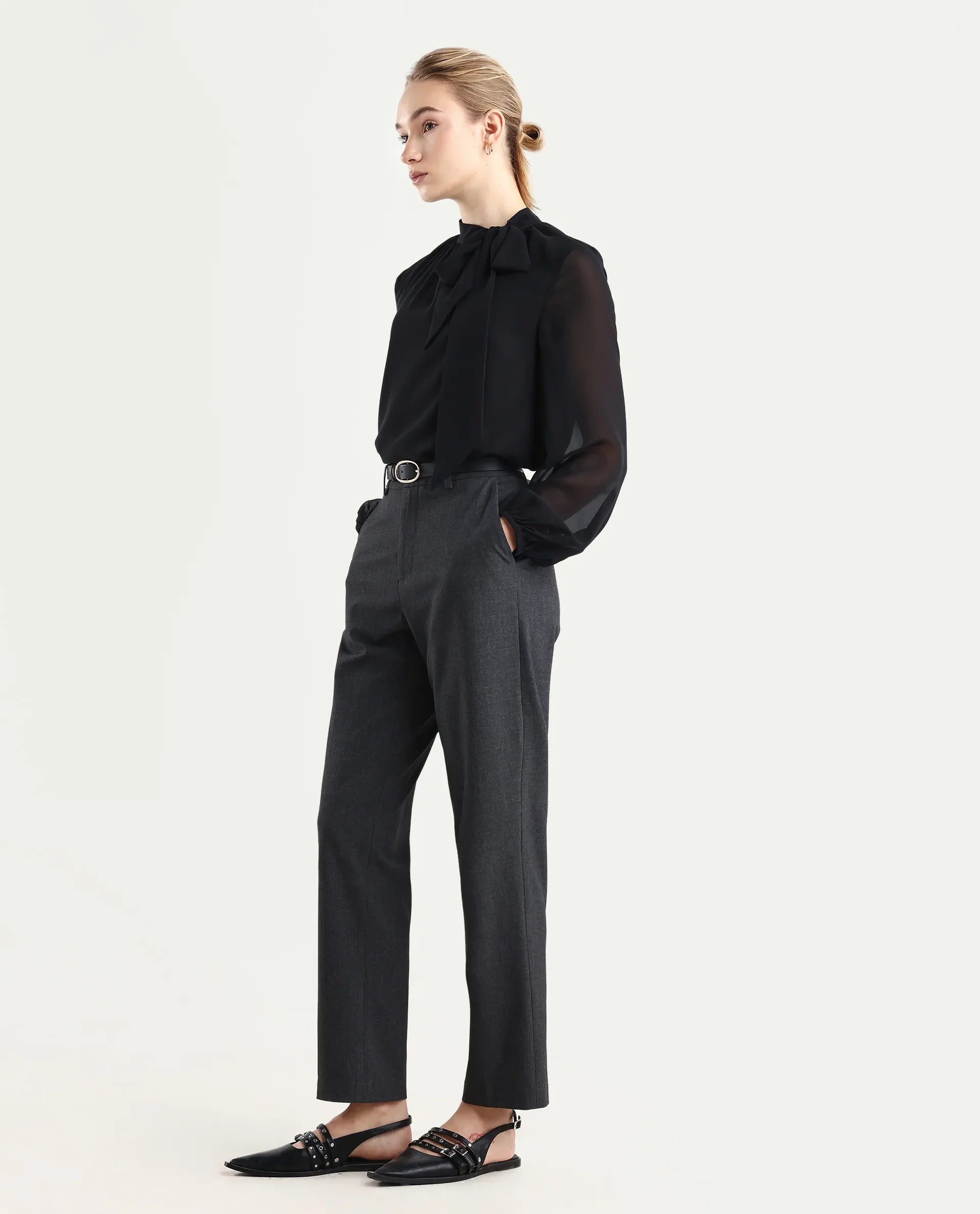 Rareism Women's Taper Grey Polyester Blend Tapered Plain Travel Trouser