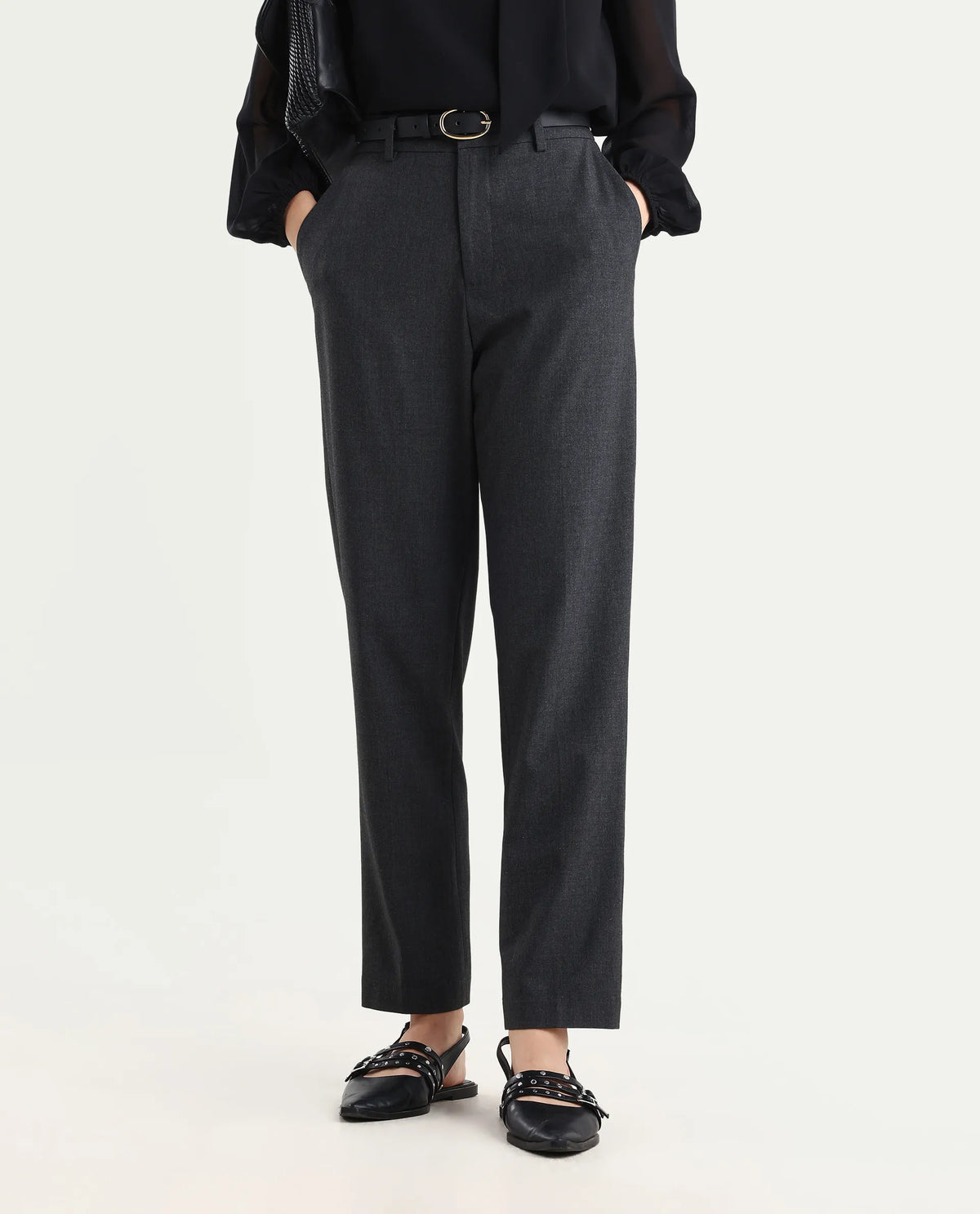 Rareism Women's Taper Grey Polyester Blend Tapered Plain Travel Trouser