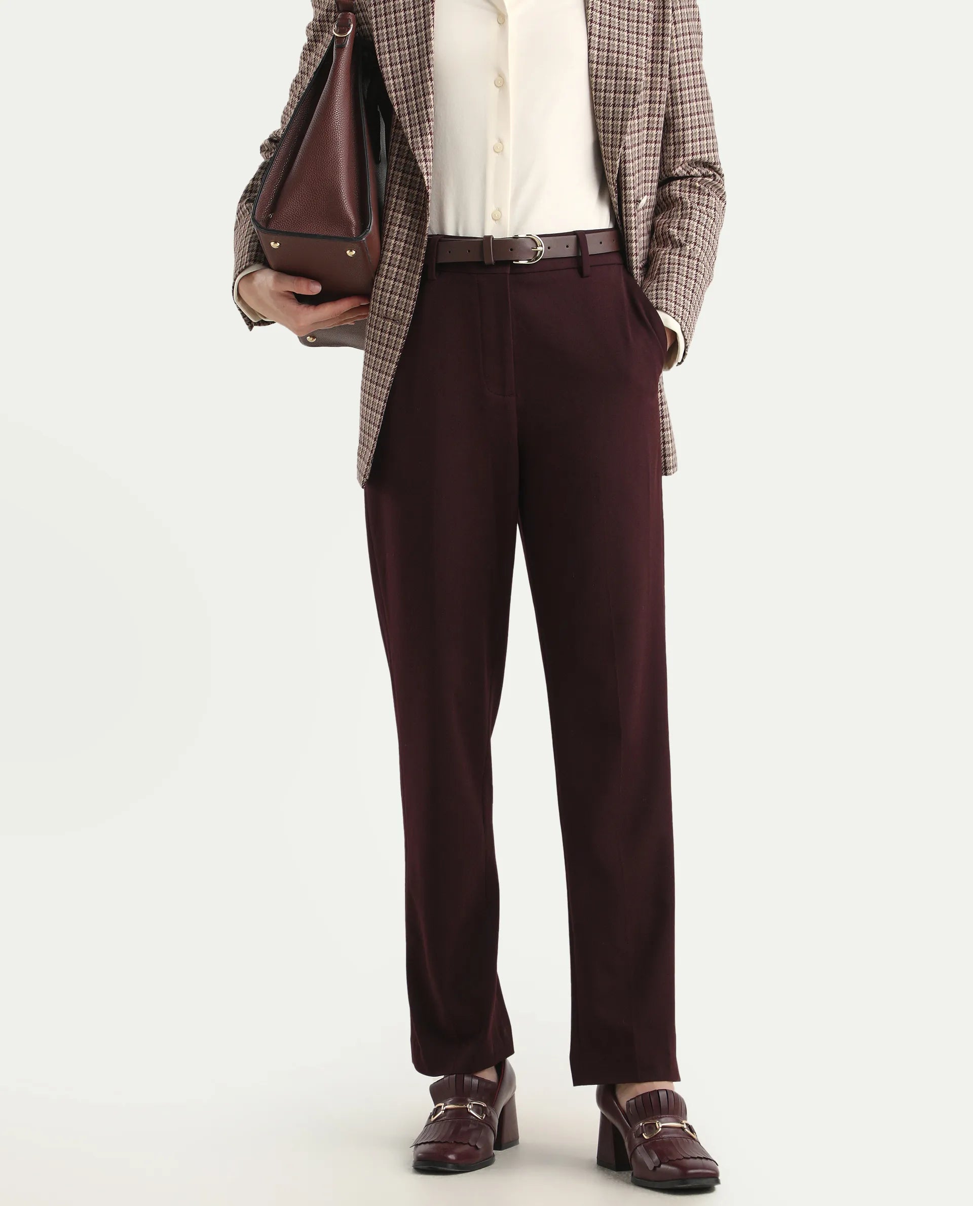 Rareism Women's Taper Maroon Polyester Blend Tapered Ankle Length Plain Travel Trouser