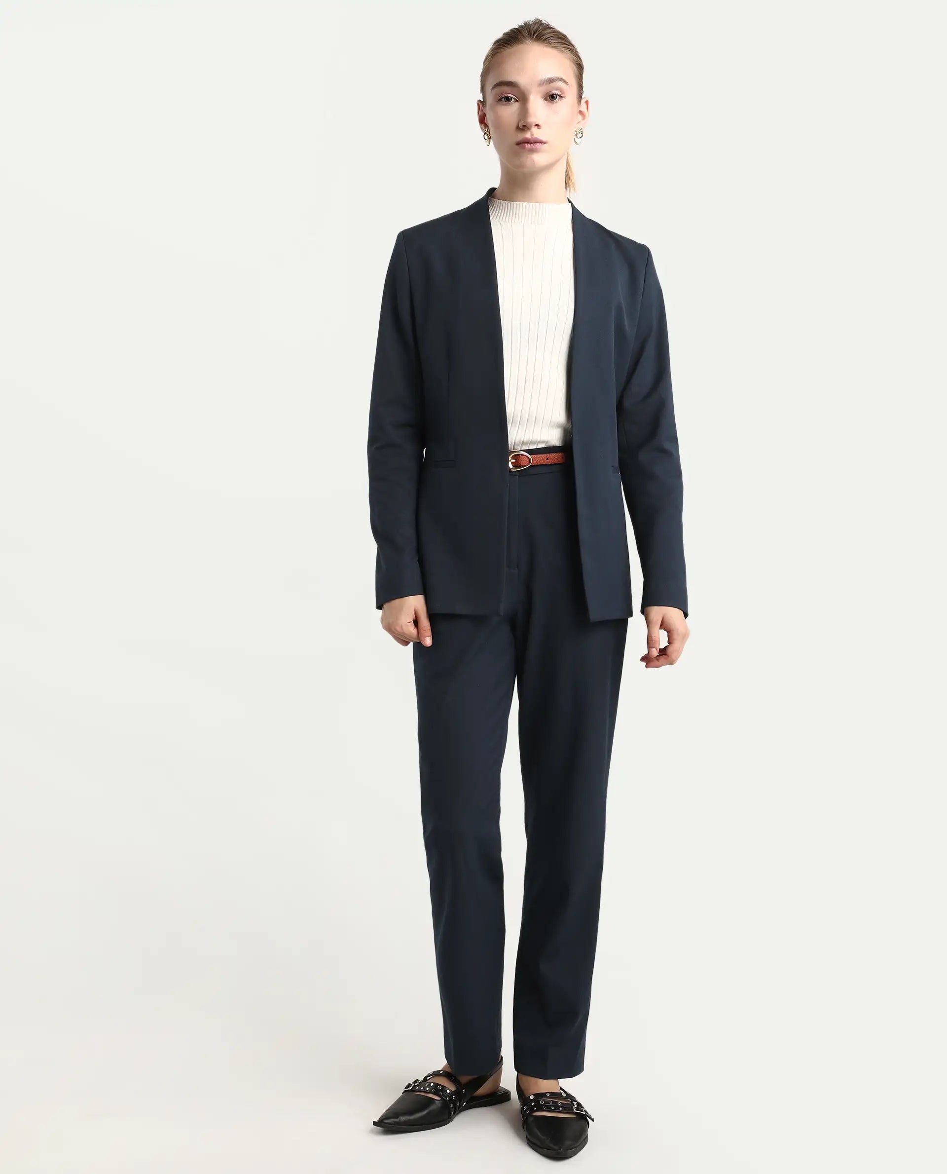 Rareism Women's Taper Navy Polyester Blend Tapered Ankle Length Plain Travel Trouser