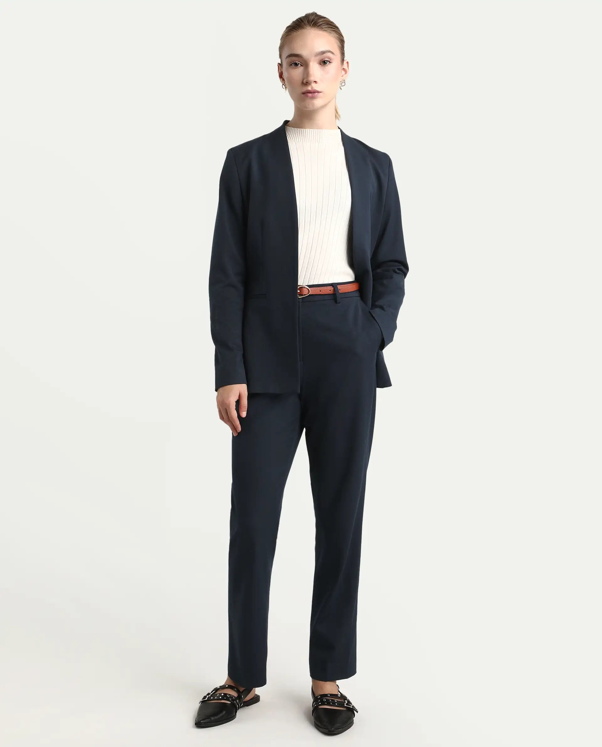 Rareism Women's Taper Navy Polyester Blend Tapered Ankle Length Plain Travel Trouser