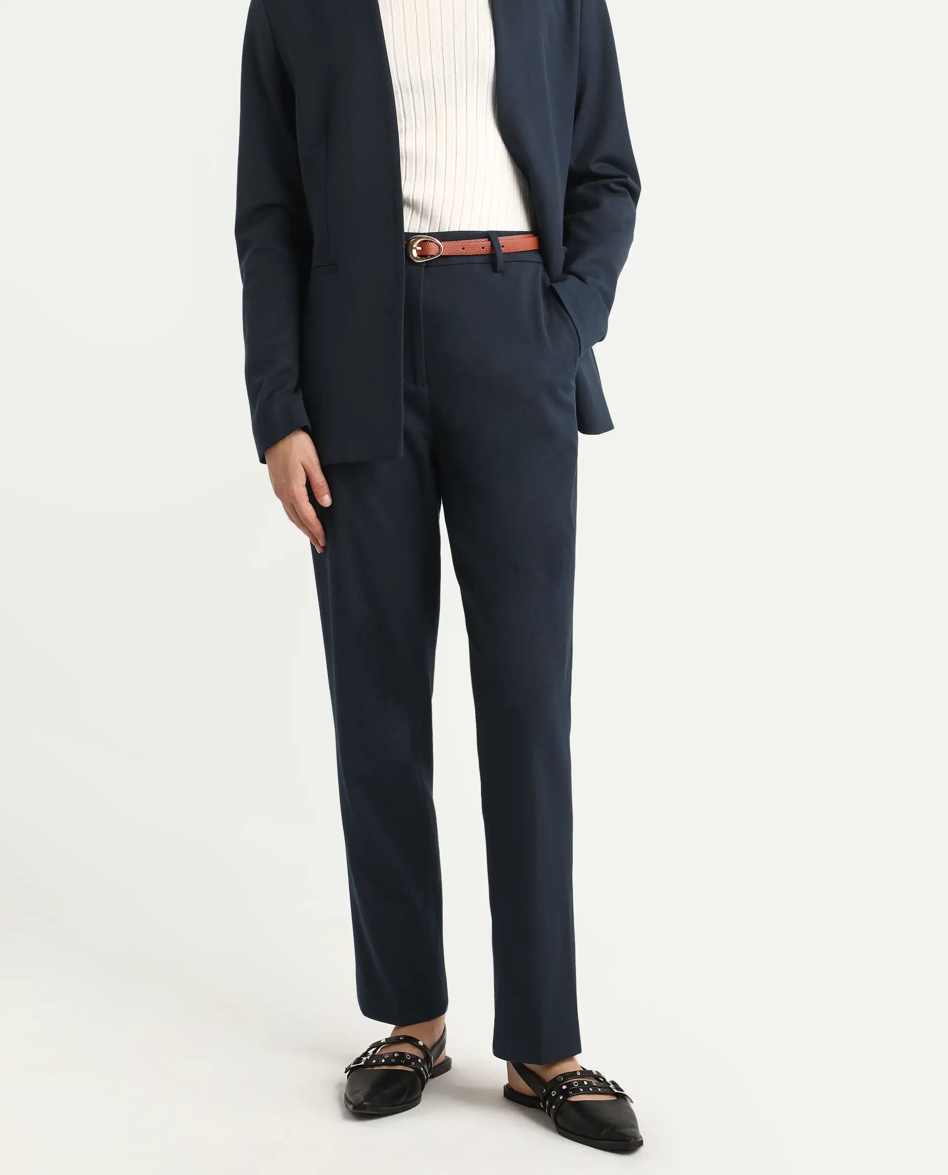 Rareism Women's Taper Navy Polyester Blend Tapered Ankle Length Plain Travel Trouser