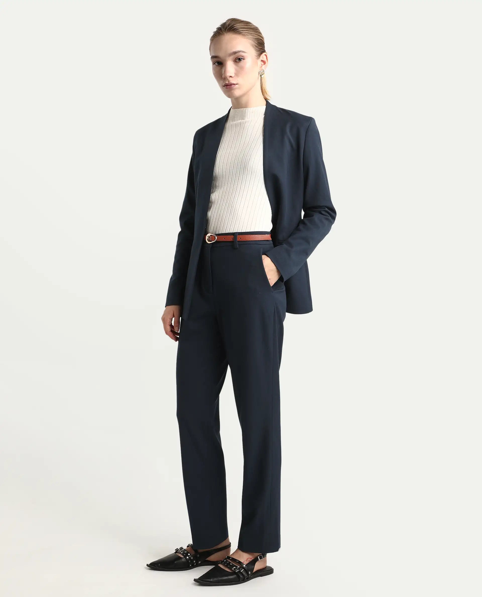 Rareism Women's Taper Navy Polyester Blend Tapered Ankle Length Plain Travel Trouser