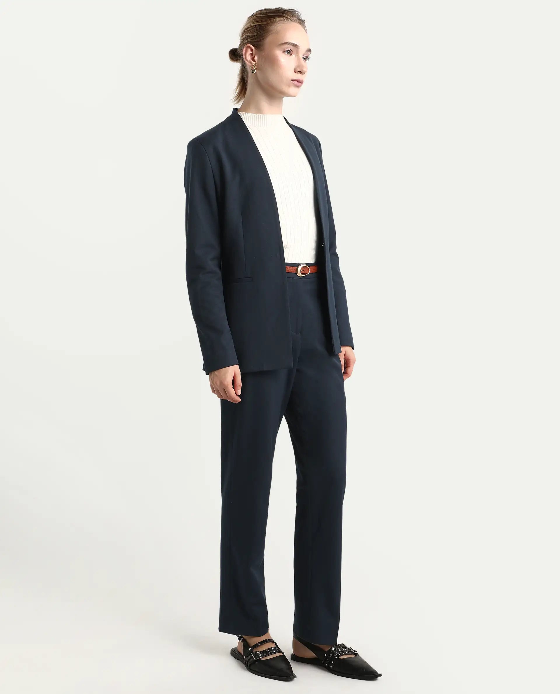 Rareism Women's Taper Navy Polyester Blend Tapered Ankle Length Plain Travel Trouser