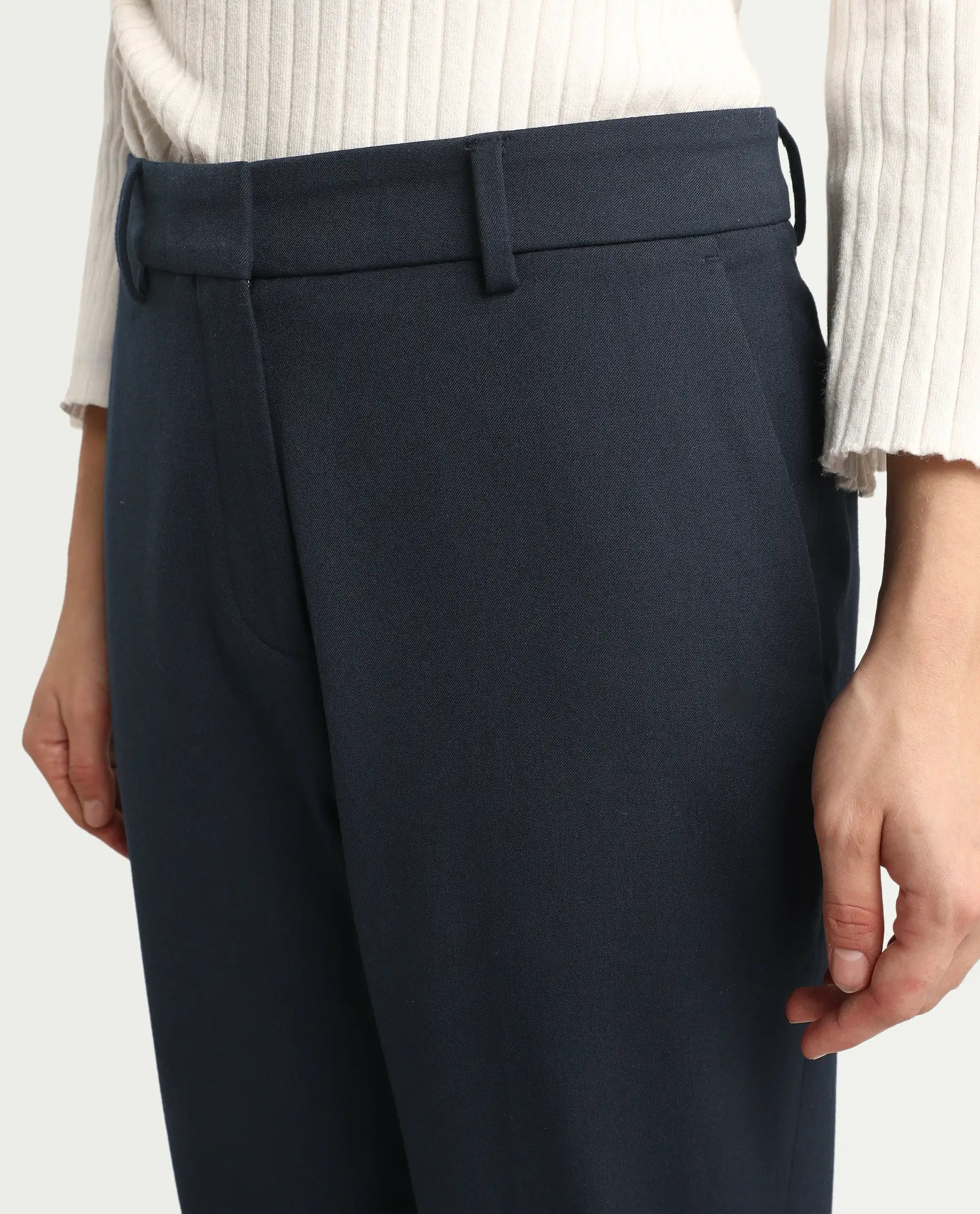 Rareism Women's Taper Navy Polyester Blend Tapered Ankle Length Plain Travel Trouser