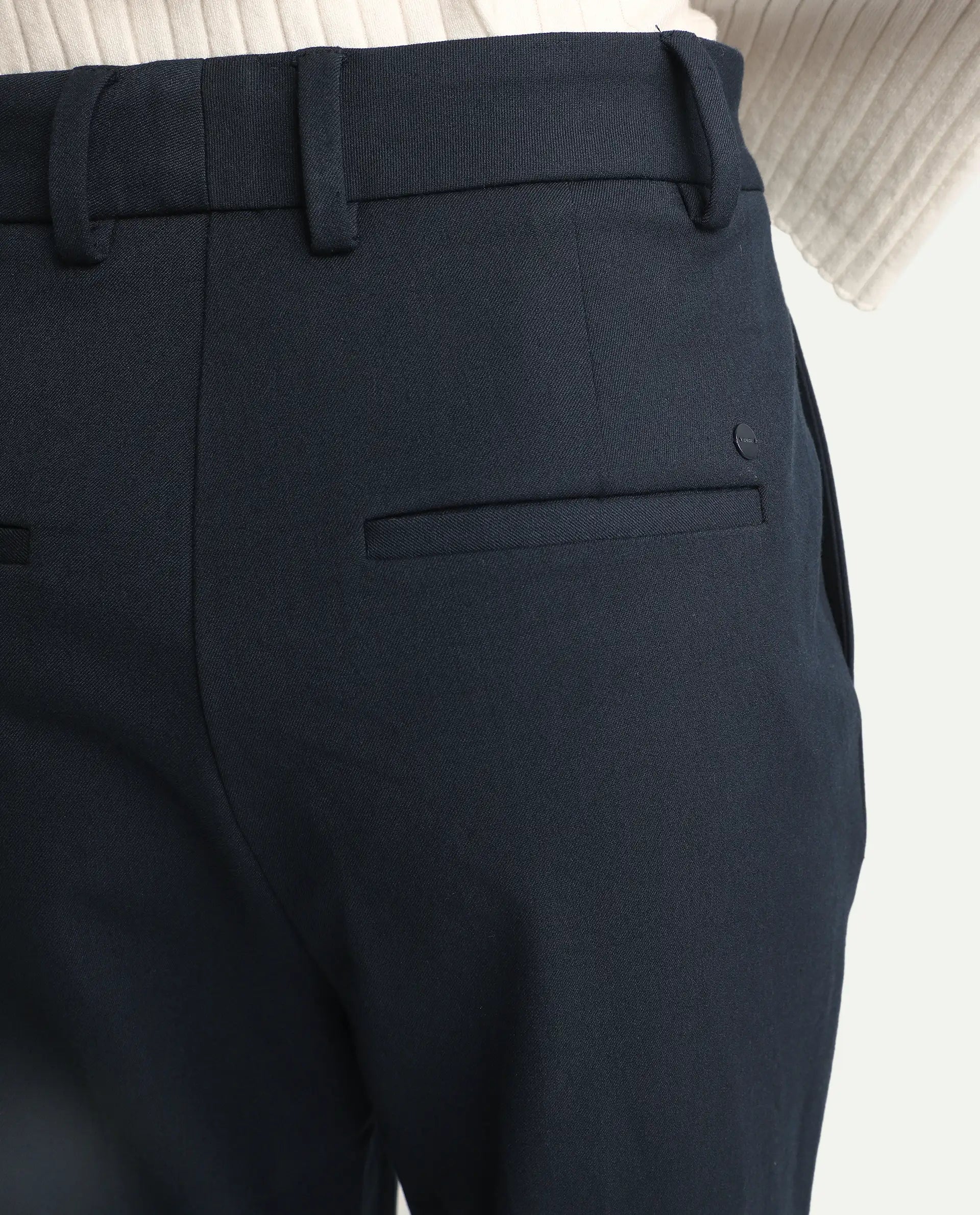 Rareism Women's Taper Navy Polyester Blend Tapered Ankle Length Plain Travel Trouser