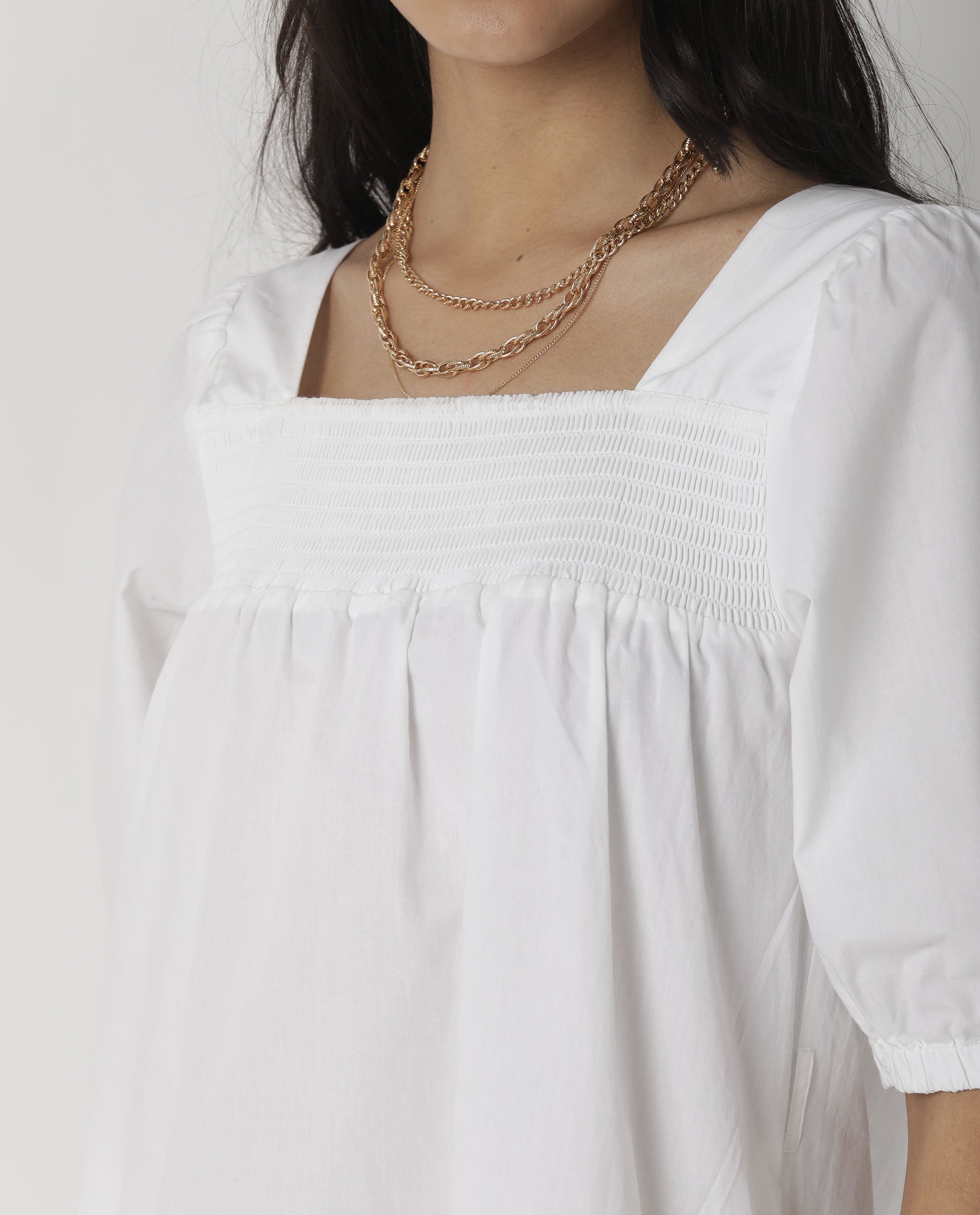 Rareism Womens Tapo White Dress Cotton Fabric Regular Fit Half Sleeve Square Neck
