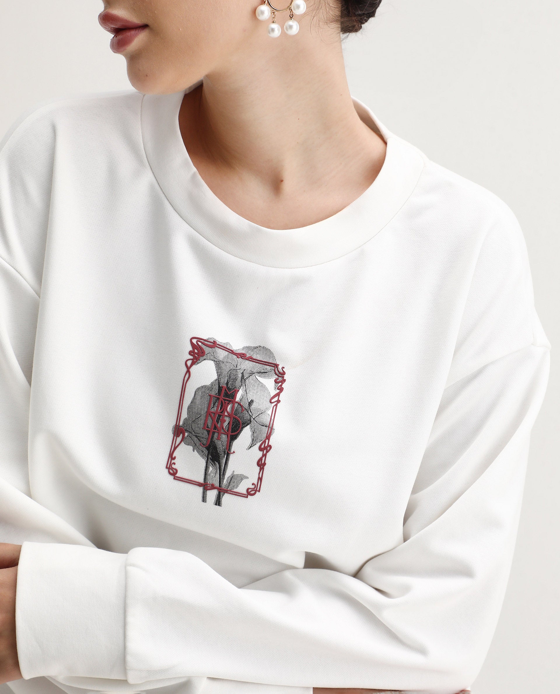 Rareism Women's Taq Off White Cotton Blend Crew Neck Relaxed Fit Graphic Print Sweatshirt