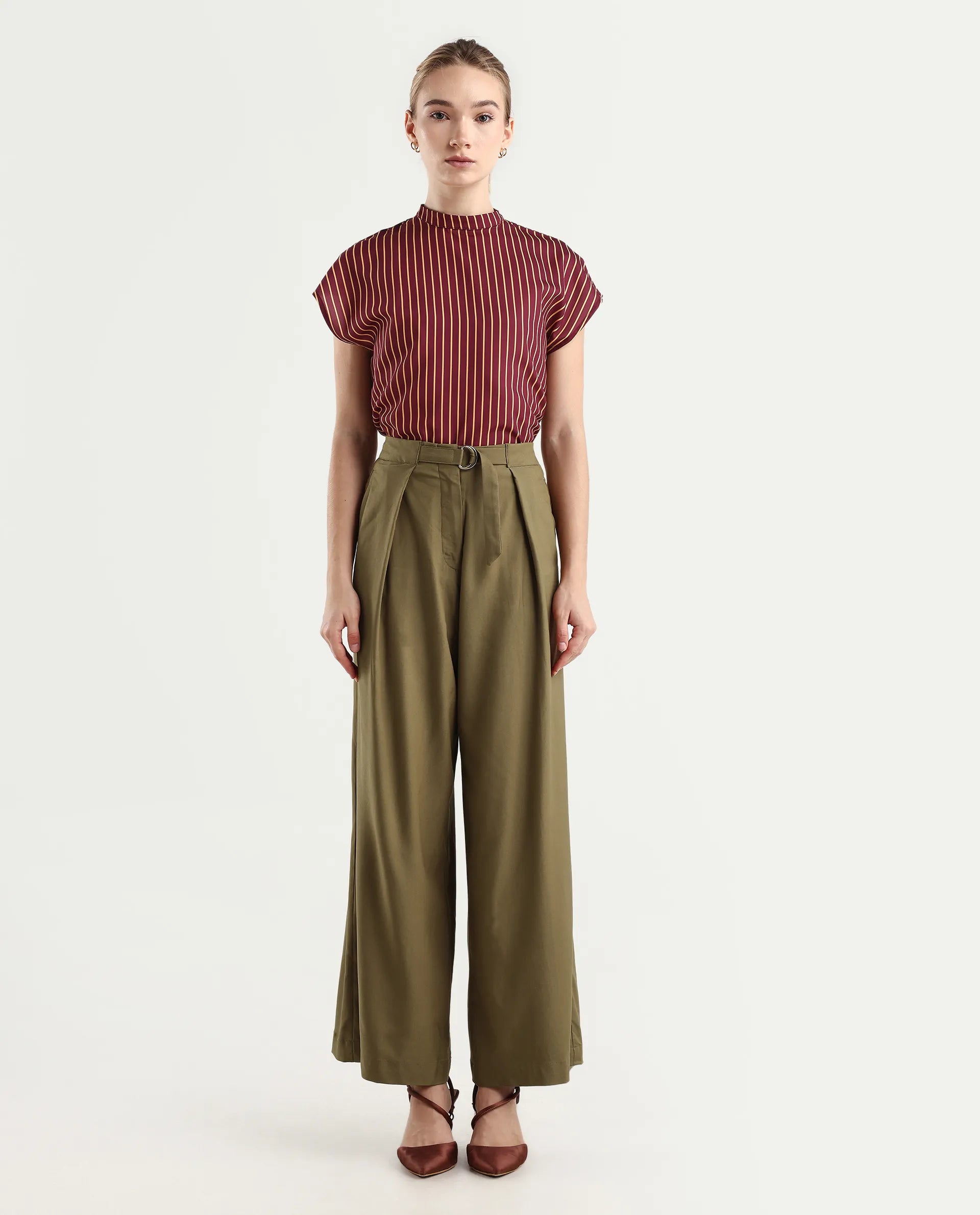 Rareism Women's Tarina Mustard Viscose Blend Plain Ankle Length Wide Trouser