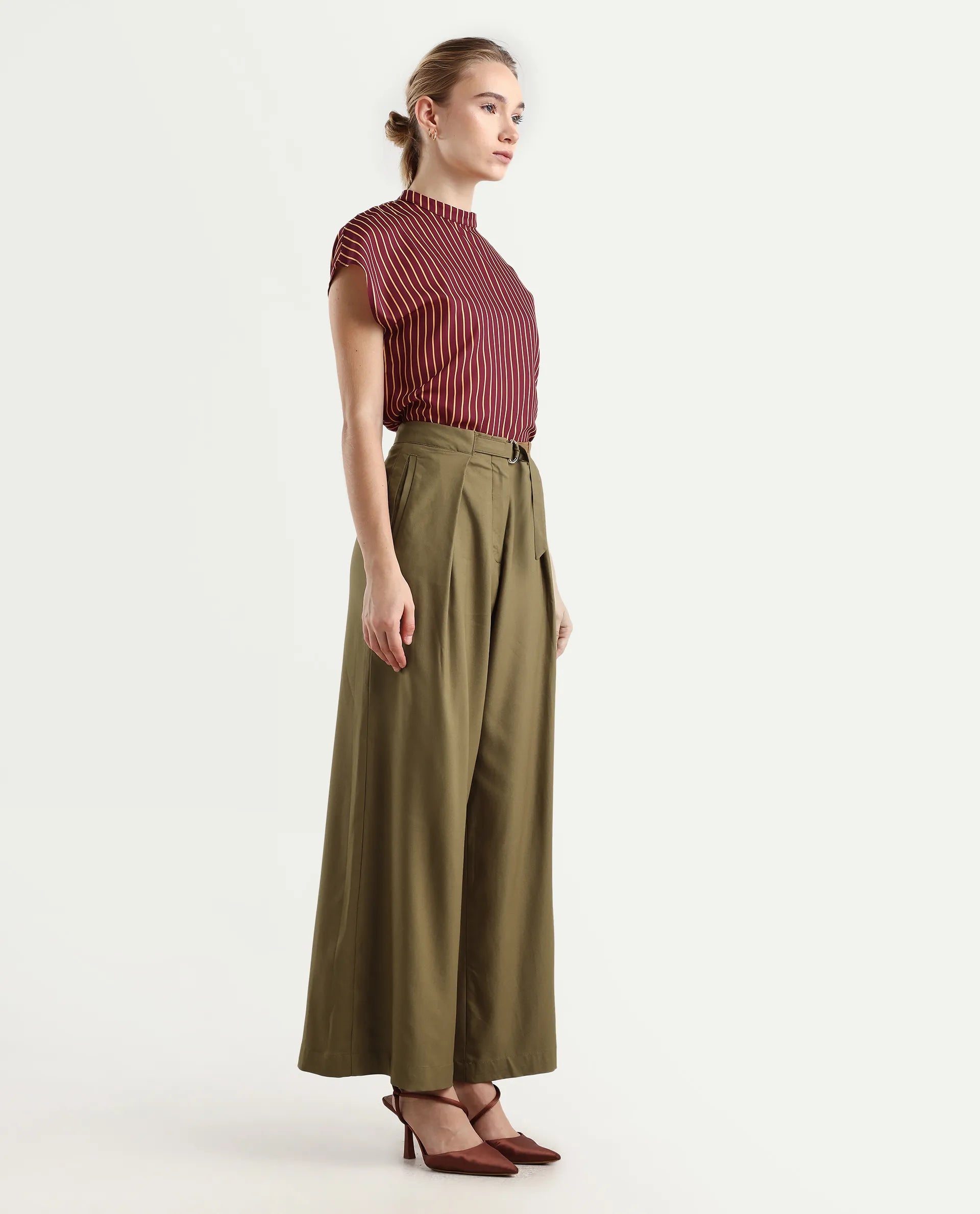 Rareism Women's Tarina Mustard Viscose Blend Plain Ankle Length Wide Trouser