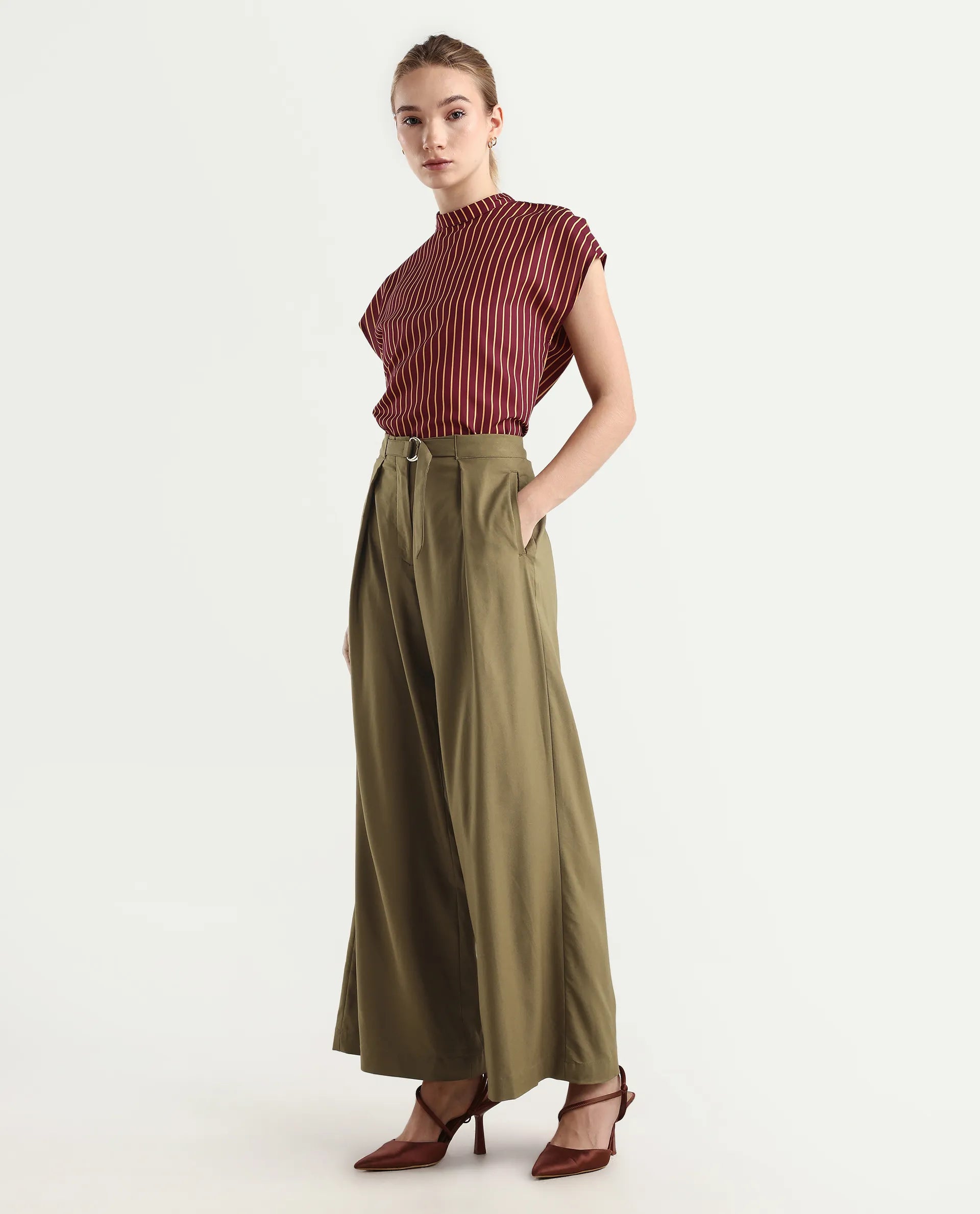 Rareism Women's Tarina Mustard Viscose Blend Plain Ankle Length Wide Trouser