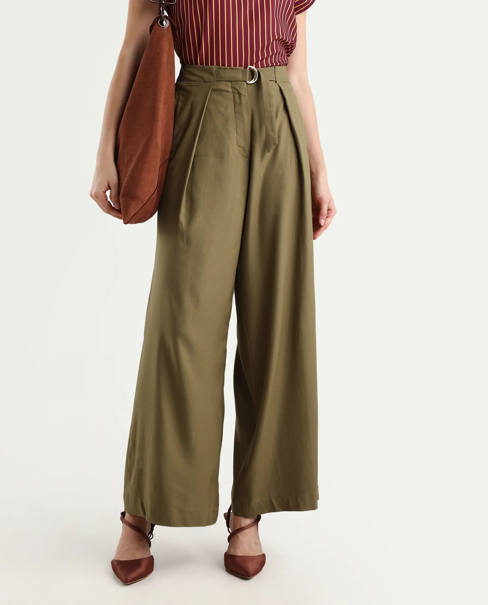 Rareism Women's Tarina Mustard Viscose Blend Plain Ankle Length Wide Trouser