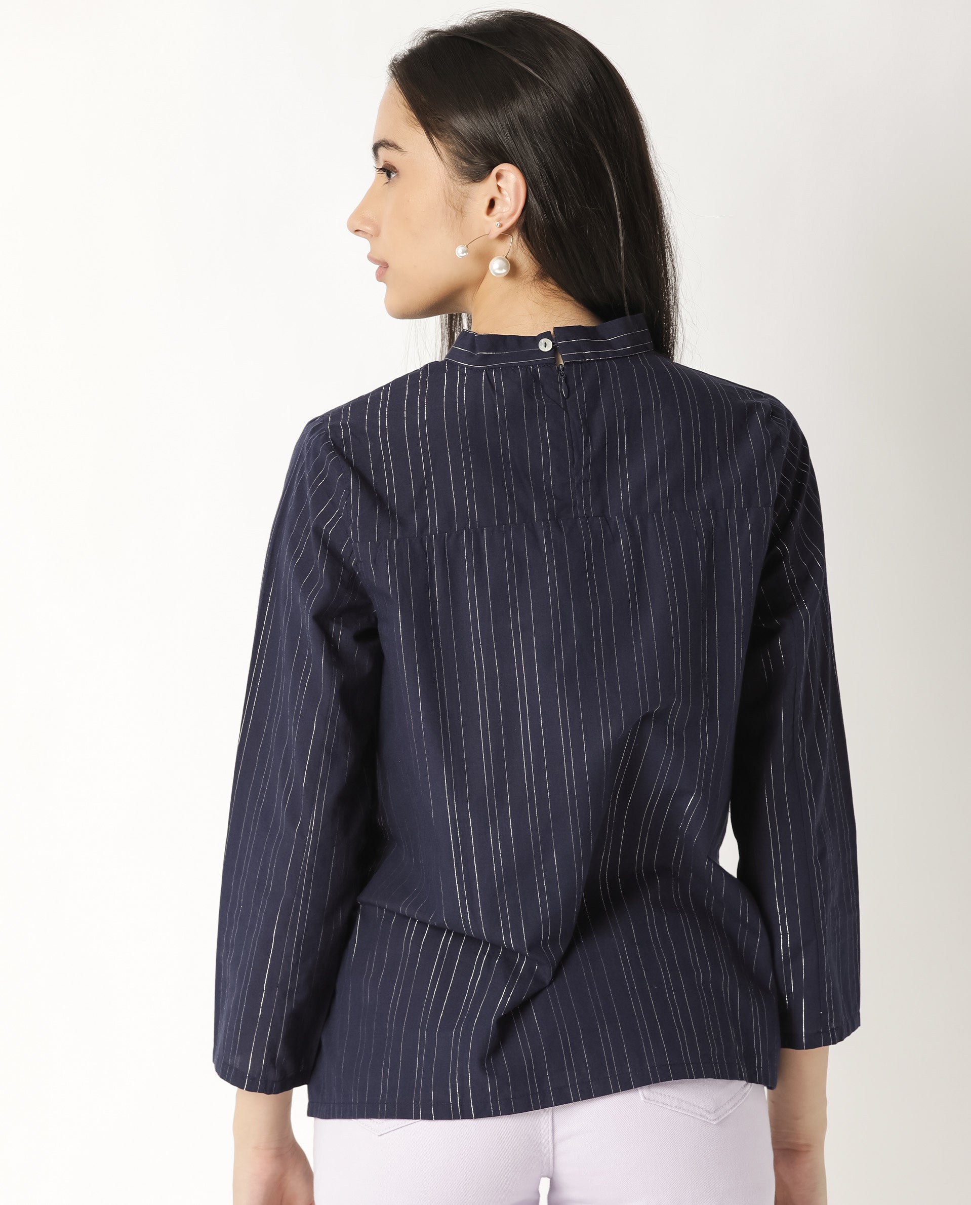 Rareism Women Tarnish Navy Regular Fit High Neck Full Sleeves Striped Top