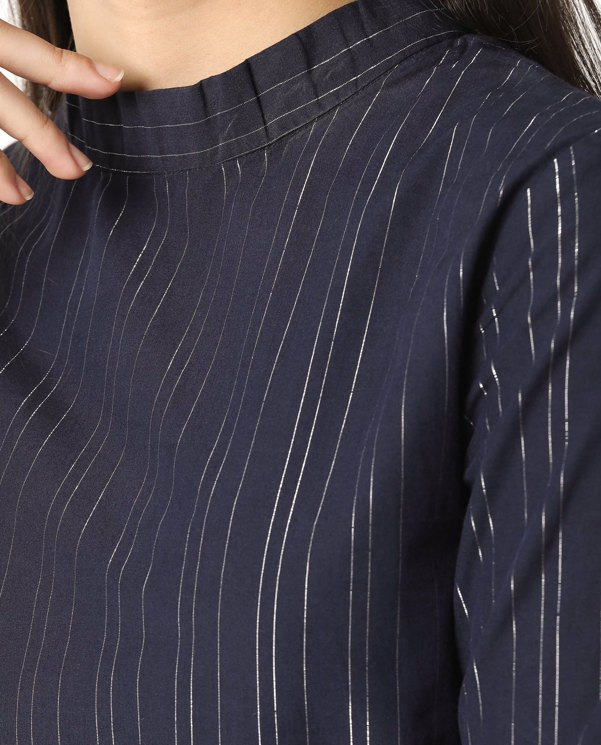Rareism Women Tarnish Navy Regular Fit High Neck Full Sleeves Striped Top
