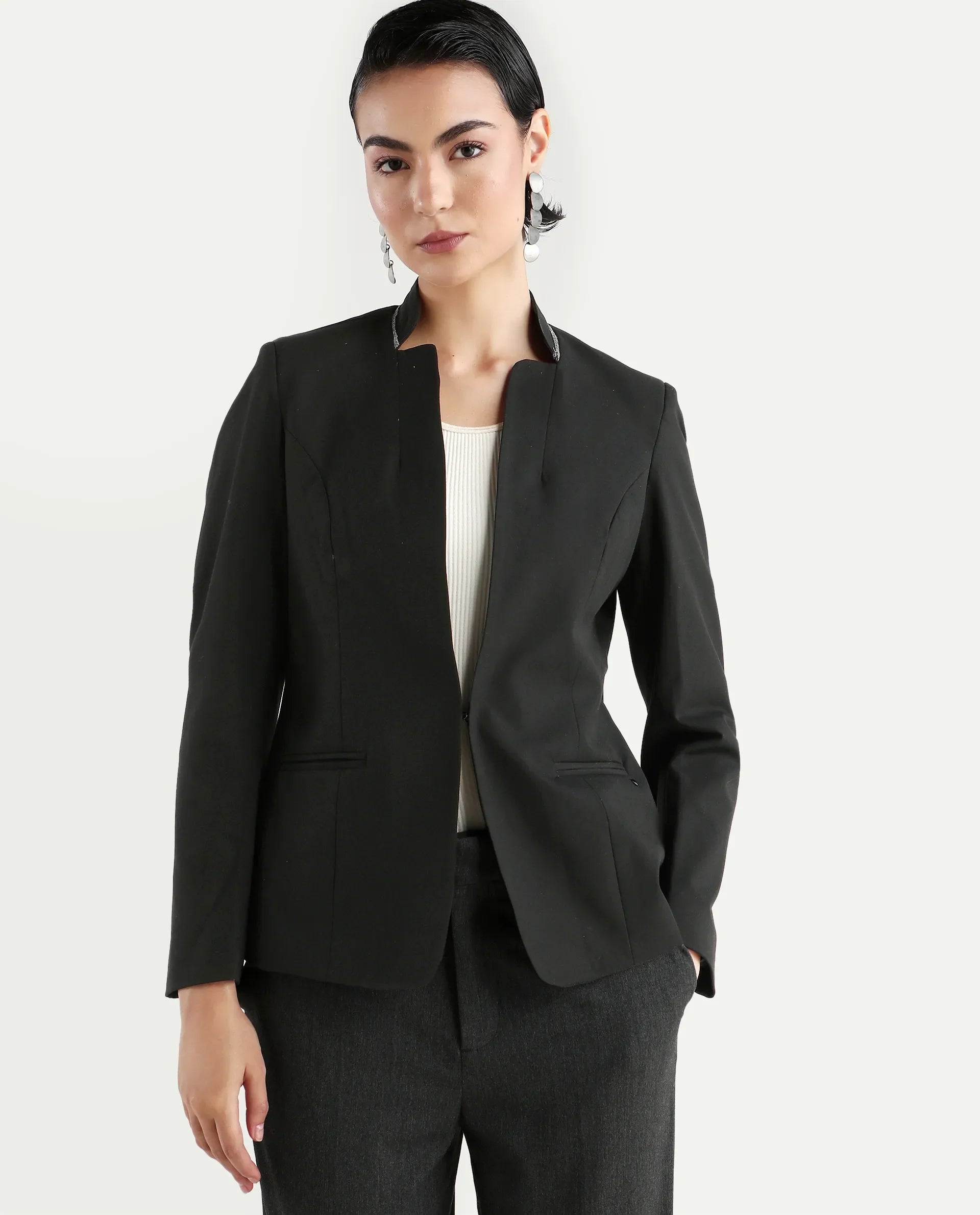 Rareism Women's Tasmania Black Cotton Blend Mandarin Collar Plain Regular Fit Jacket