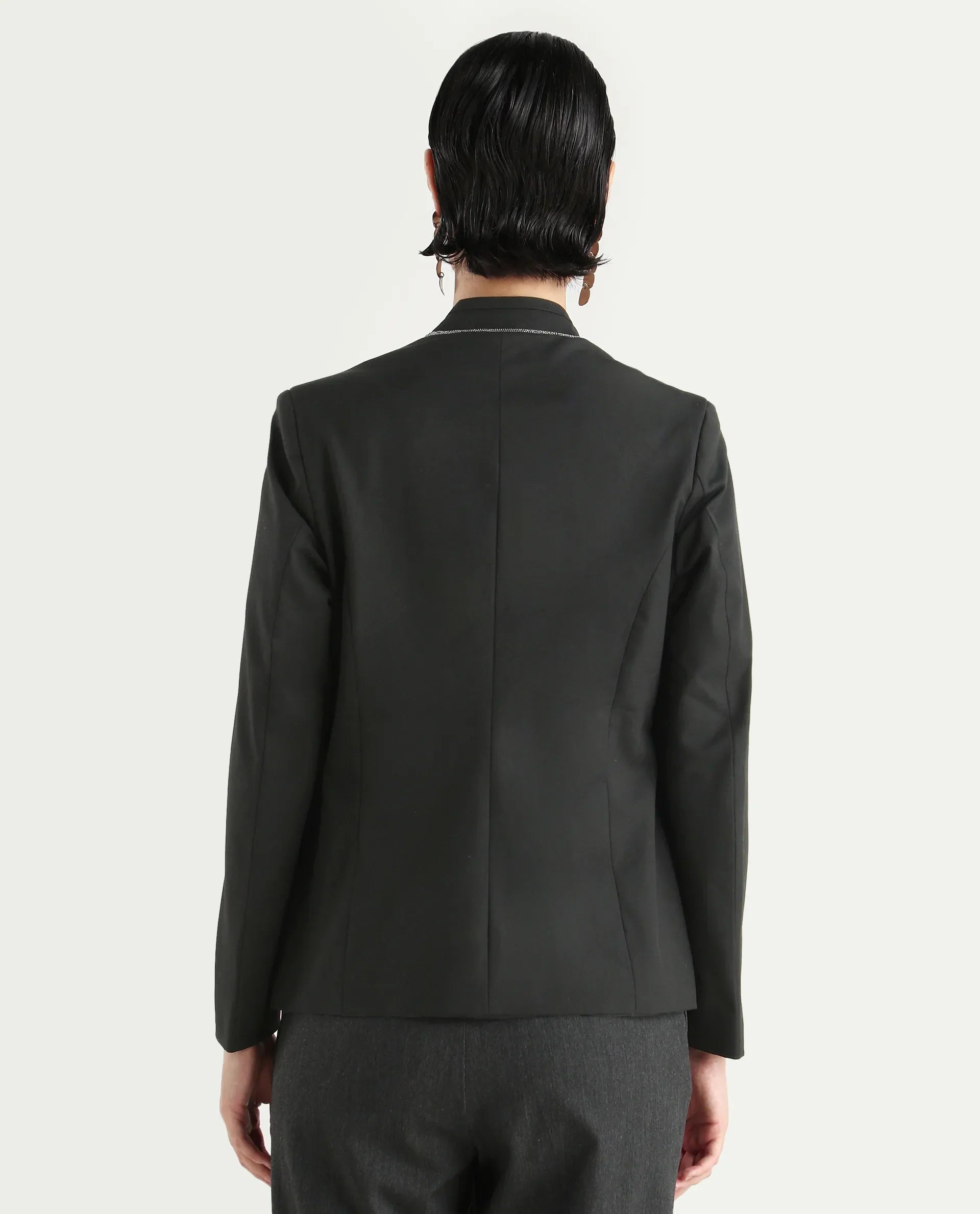 Rareism Women's Tasmania Black Cotton Blend Mandarin Collar Plain Regular Fit Jacket