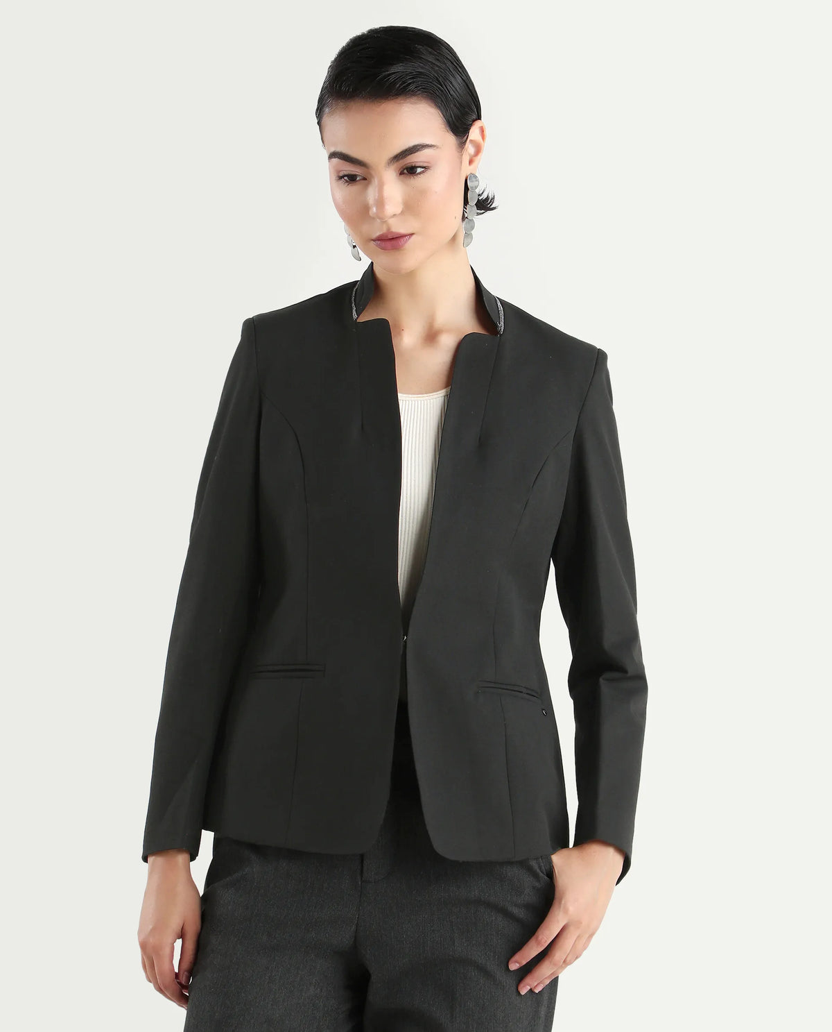 Rareism Women's Tasmania Black Polyester Blend Mandarin Collar Plain Regular Fit Blazer