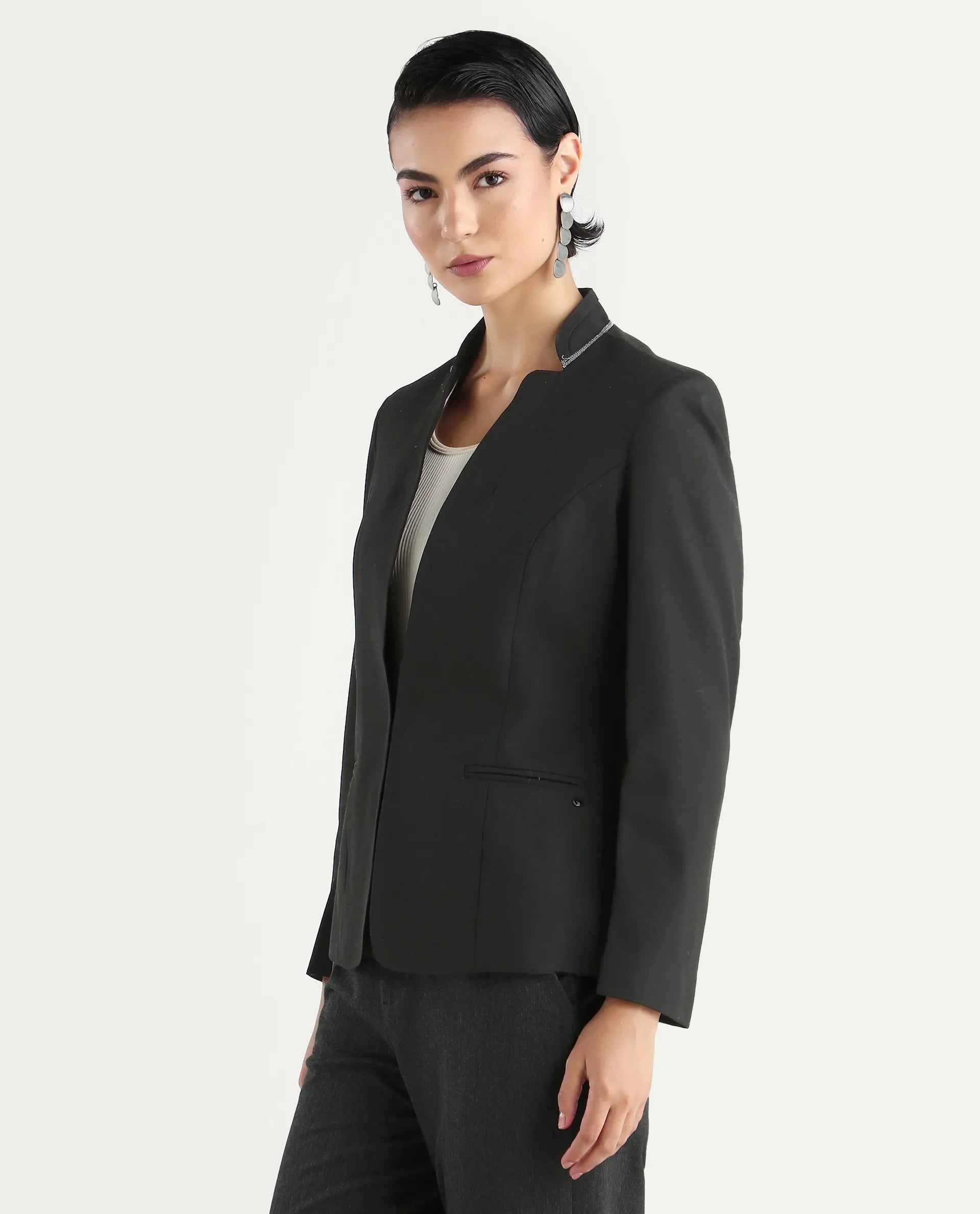 Rareism Women's Tasmania Black Cotton Blend Mandarin Collar Plain Regular Fit Jacket