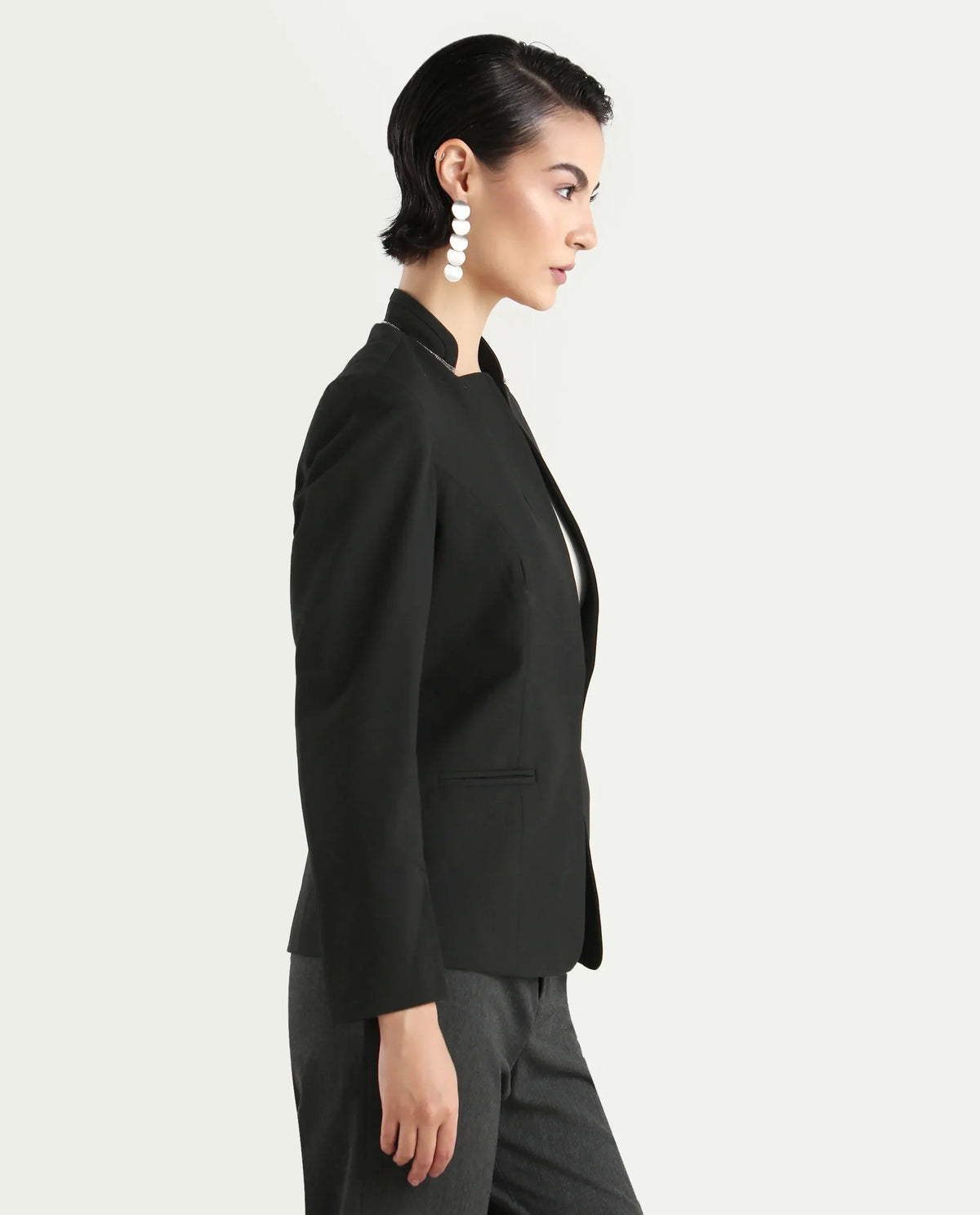 Rareism Women's Tasmania Black Polyester Blend Mandarin Collar Plain Regular Fit Jacket
