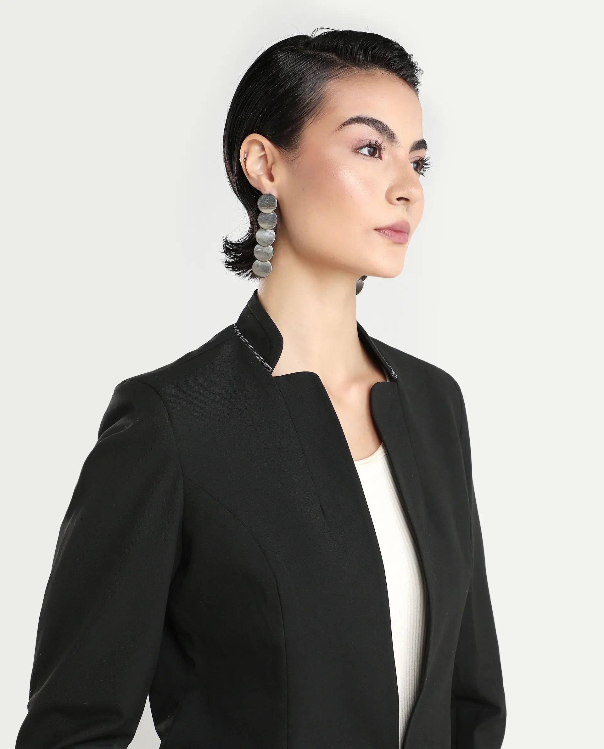 Rareism Women's Tasmania Black Cotton Blend Mandarin Collar Plain Regular Fit Jacket