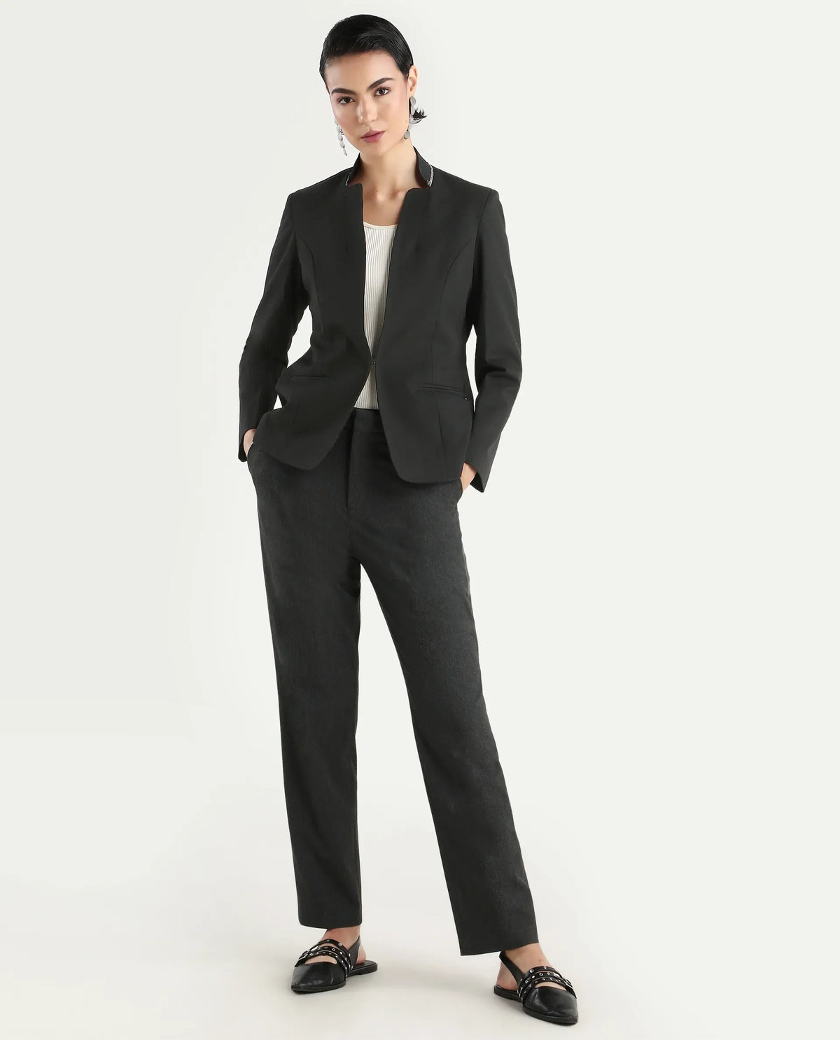 Rareism Women's Tasmania Black Polyester Blend Mandarin Collar Plain Regular Fit Blazer