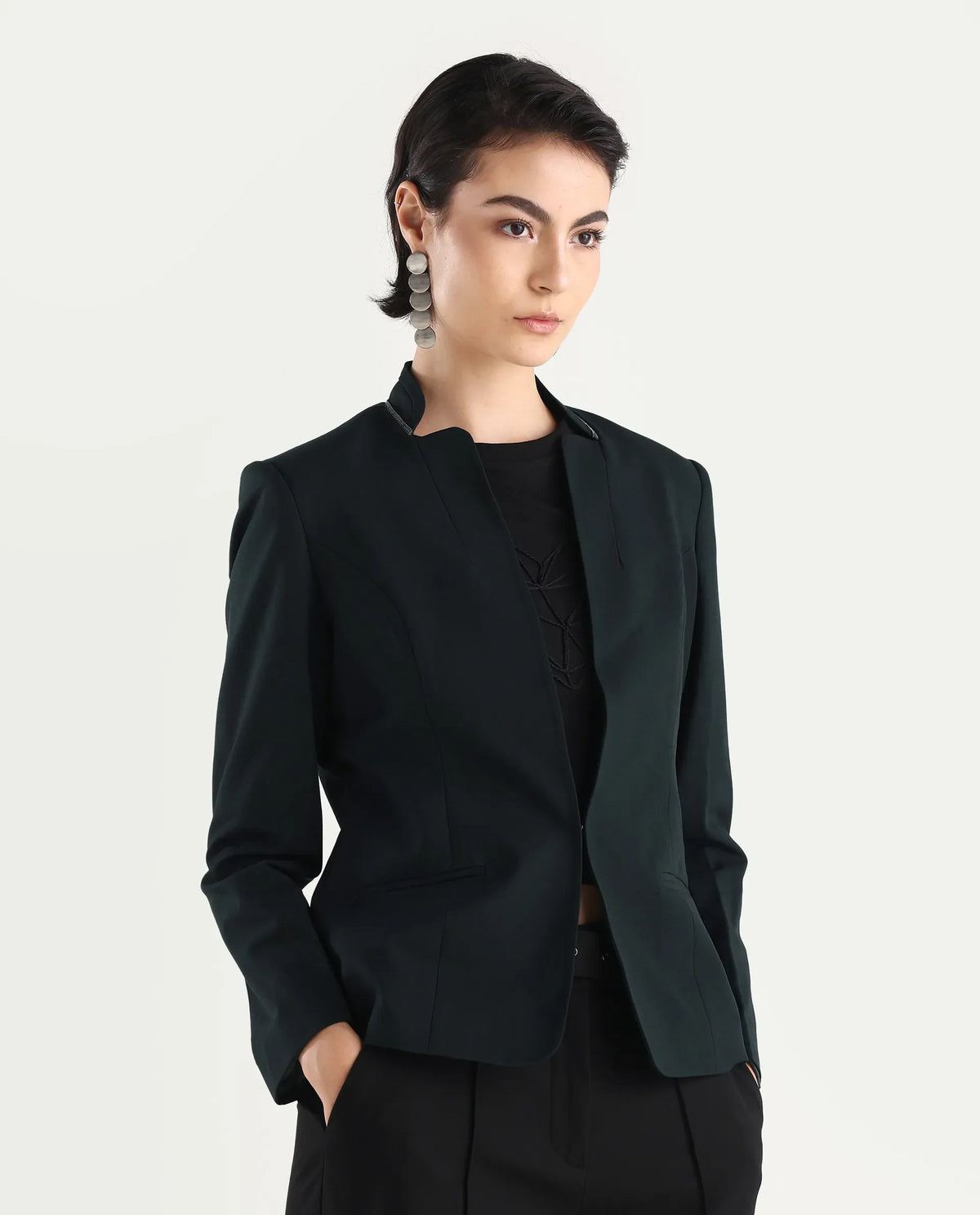 Rareism Women's Tasmania Dark Green Mandarin Collar Plain Regular Fit Blazer
