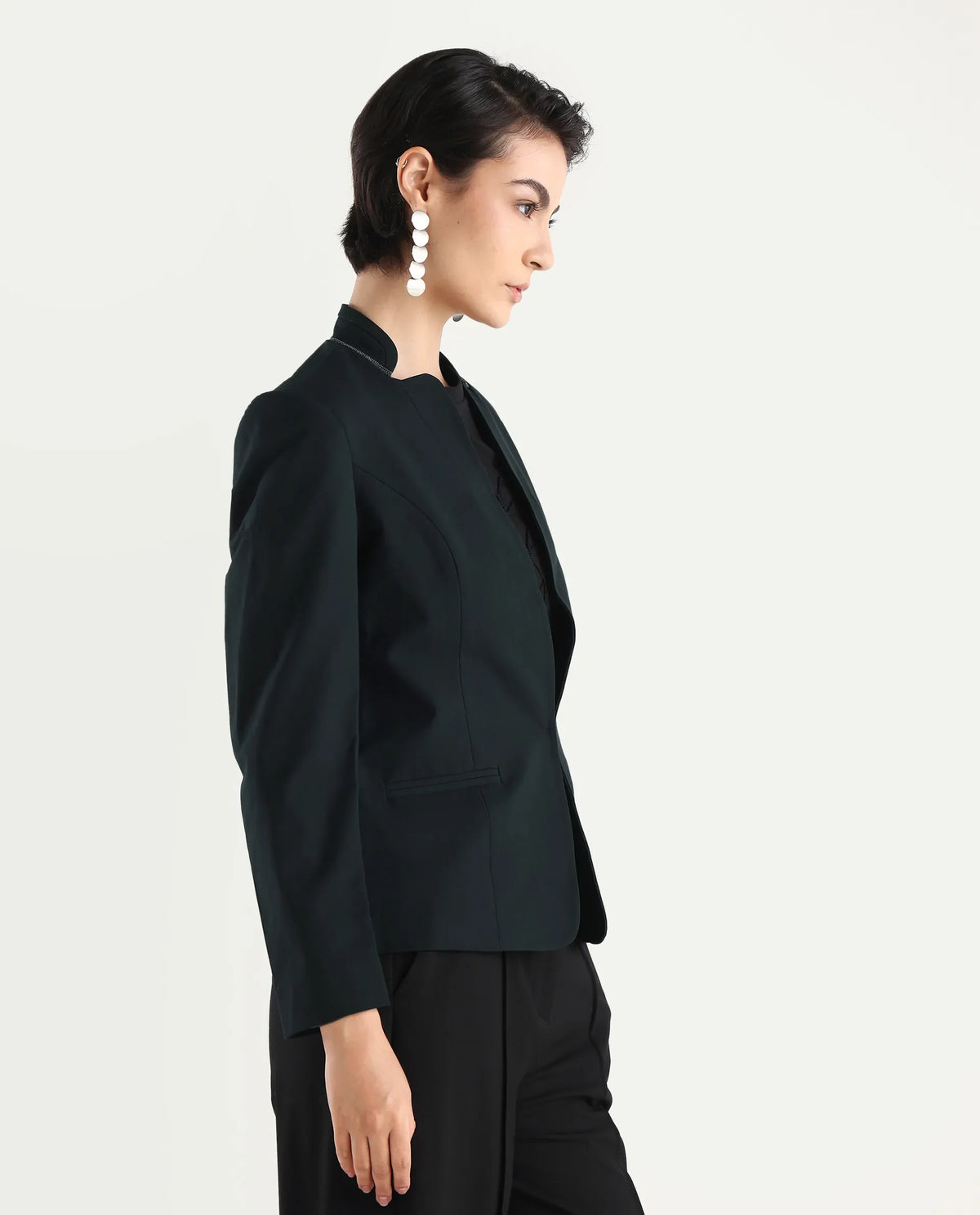 Rareism Women's Tasmania Dark Green Mandarin Collar Plain Regular Fit Blazer