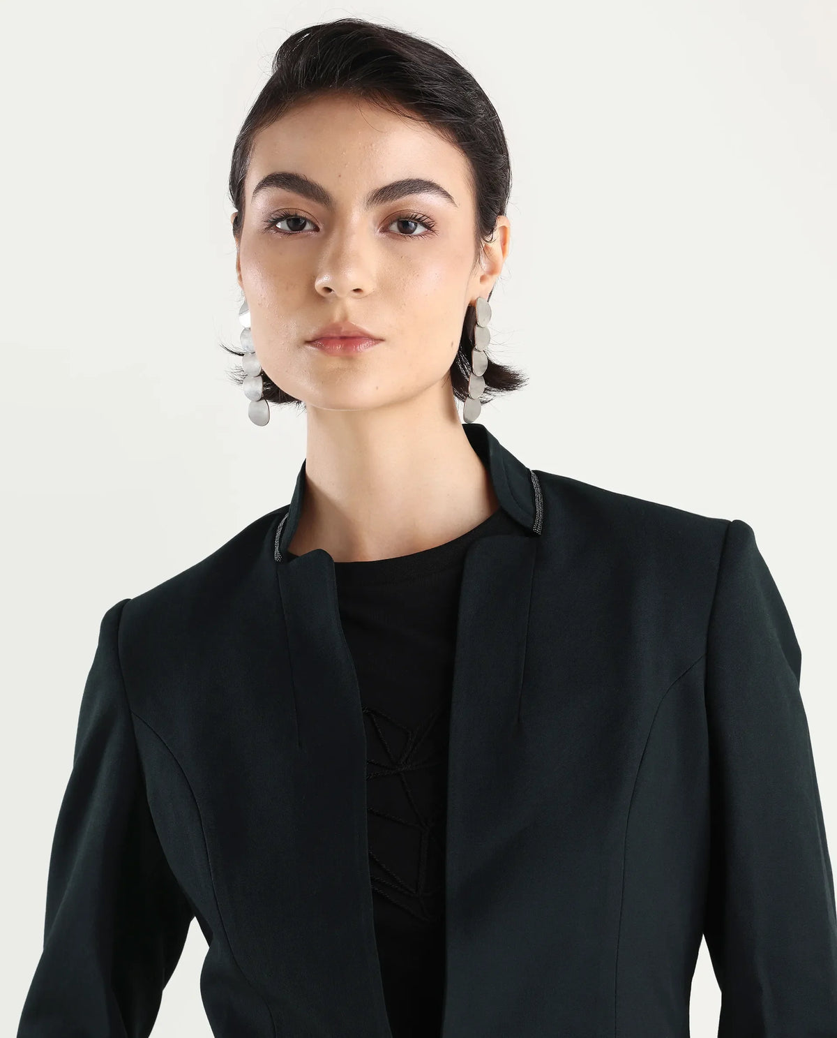 Rareism Women's Tasmania Dark Green Mandarin Collar Plain Regular Fit Blazer