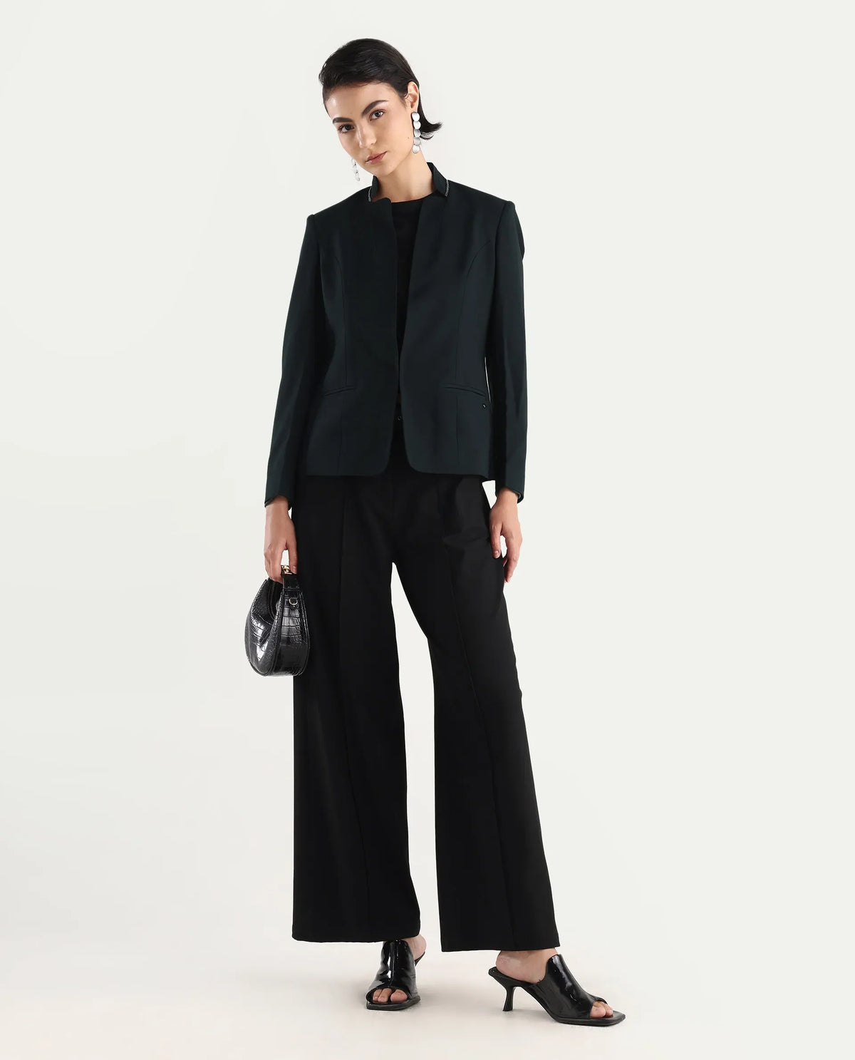 Rareism Women's Tasmania Dark Green Mandarin Collar Plain Regular Fit Blazer