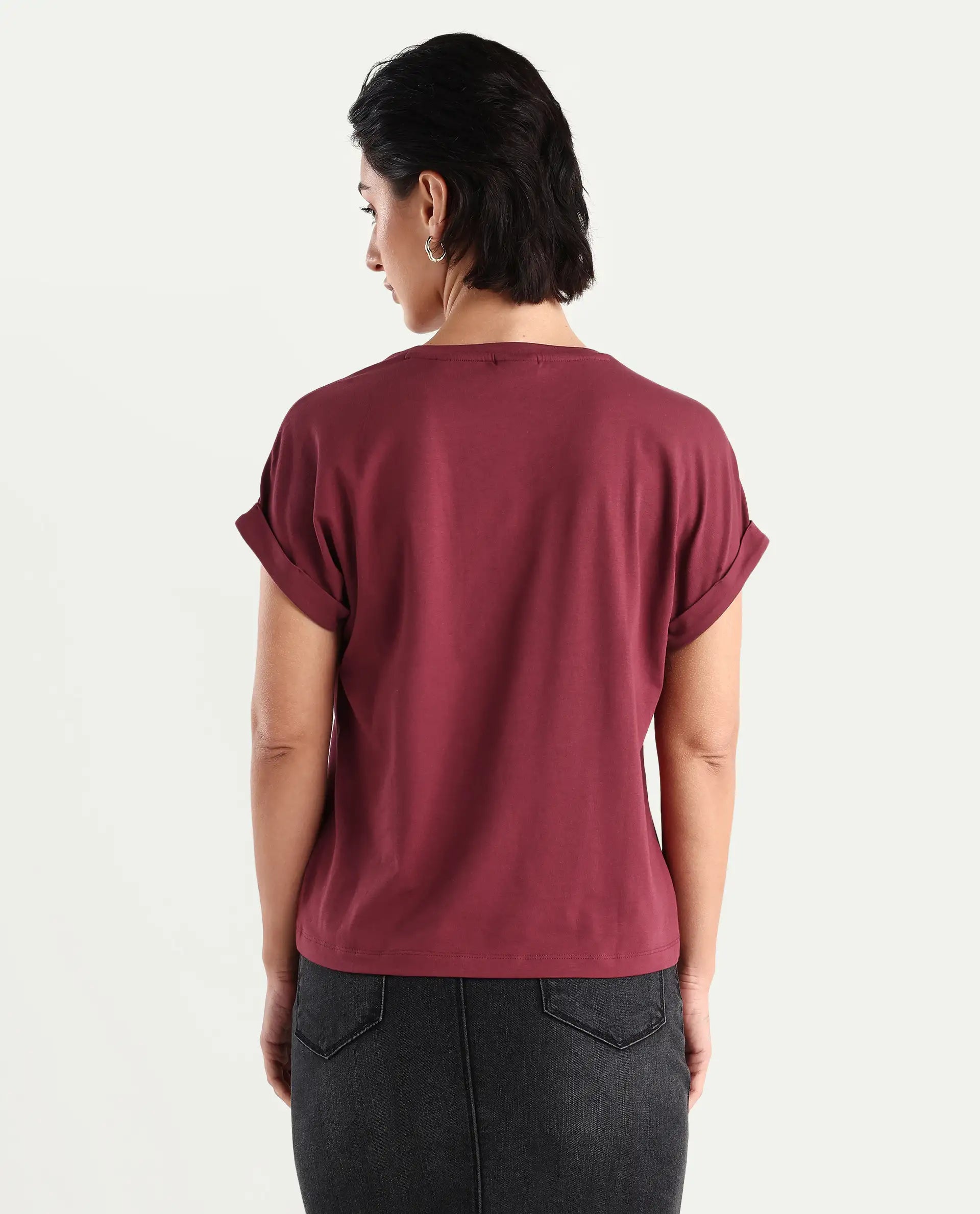 Rareism Women's Tasse Maroon Cotton Blend Crew Neck Graphic Print Extended Sleeves Relaxed Fit T-Shirt