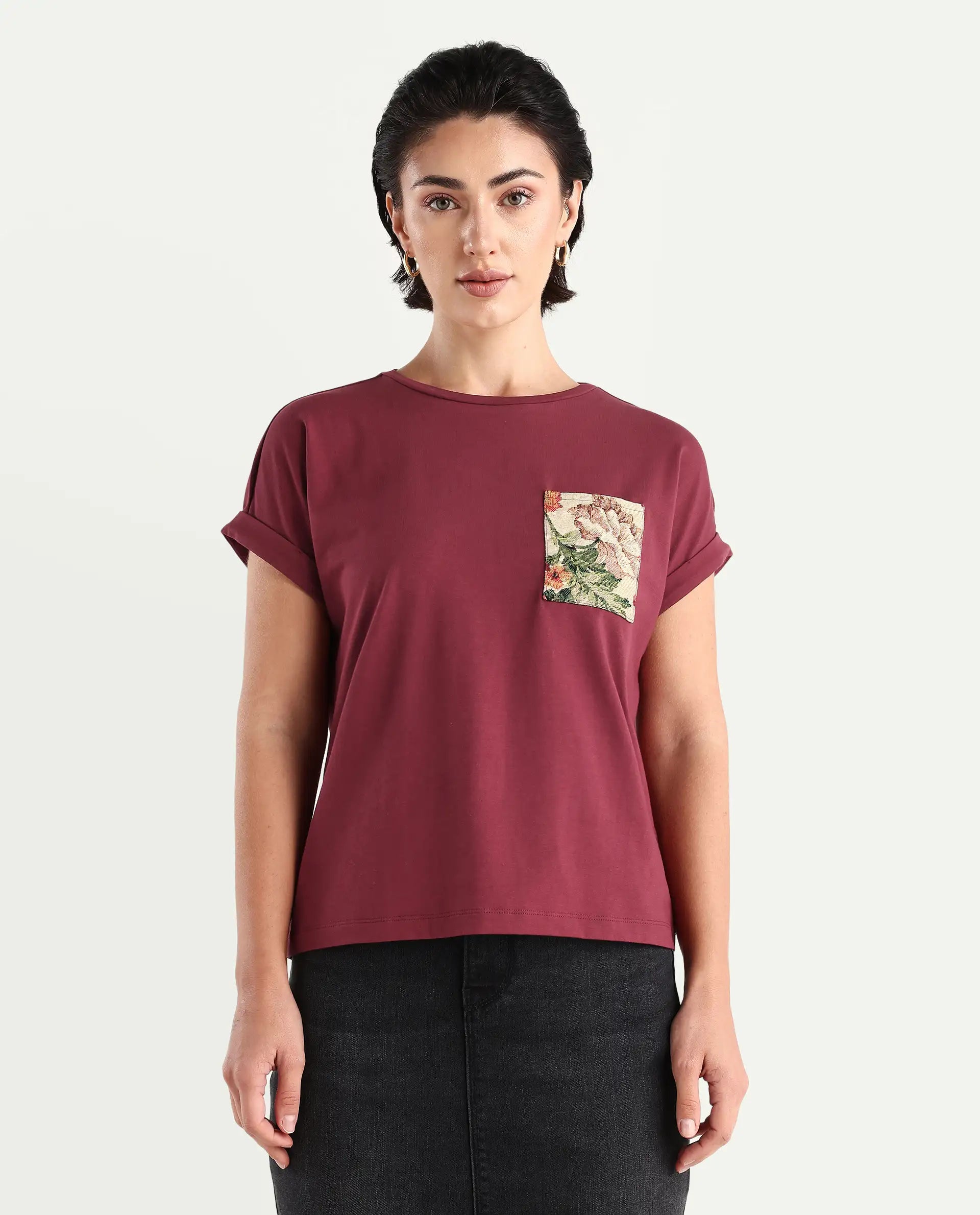 Rareism Women's Tasse Maroon Cotton Blend Crew Neck Graphic Print Extended Sleeves Relaxed Fit T-Shirt