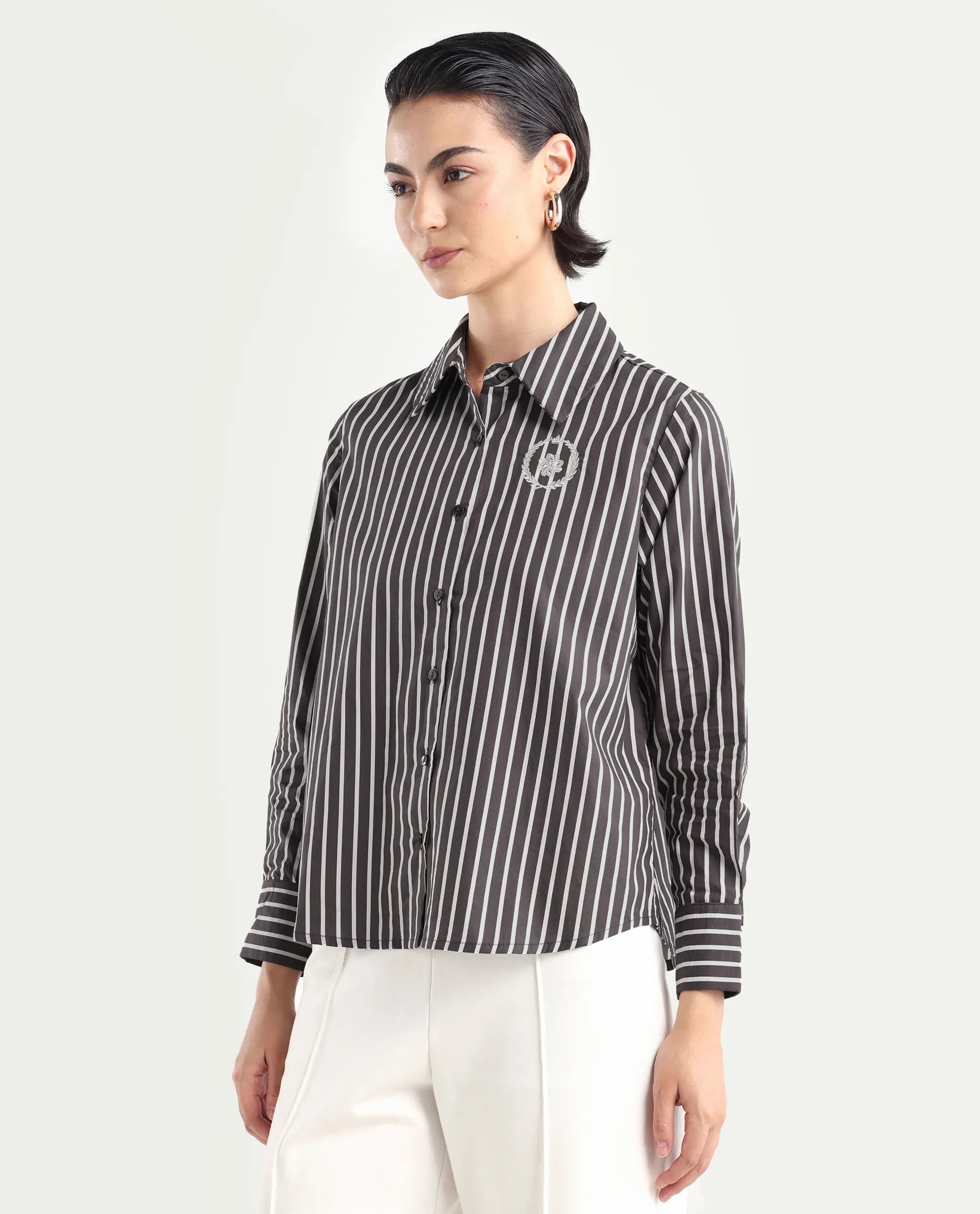 Rareism Women's Teevee Brown Cotton Drop Collar Striped Cuffed Sleeve Regular Fit Shirt