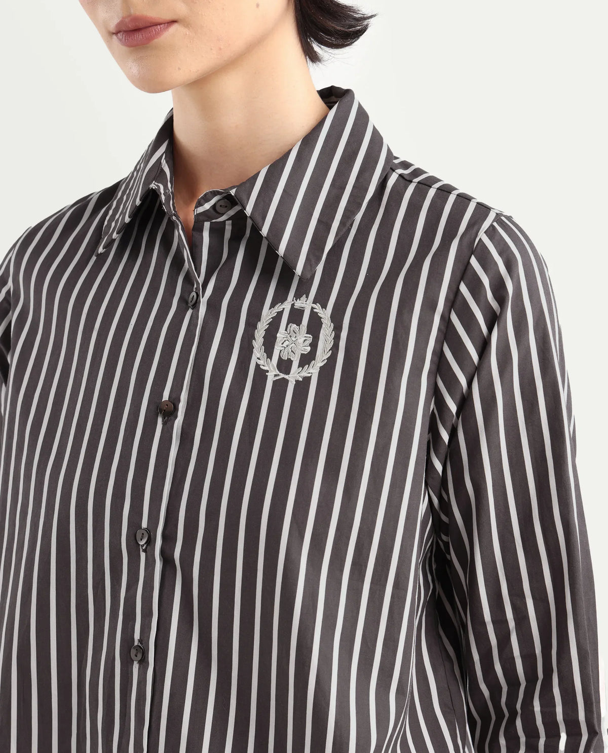 Rareism Women's Teevee Brown Cotton Drop Collar Striped Cuffed Sleeve Regular Fit Shirt