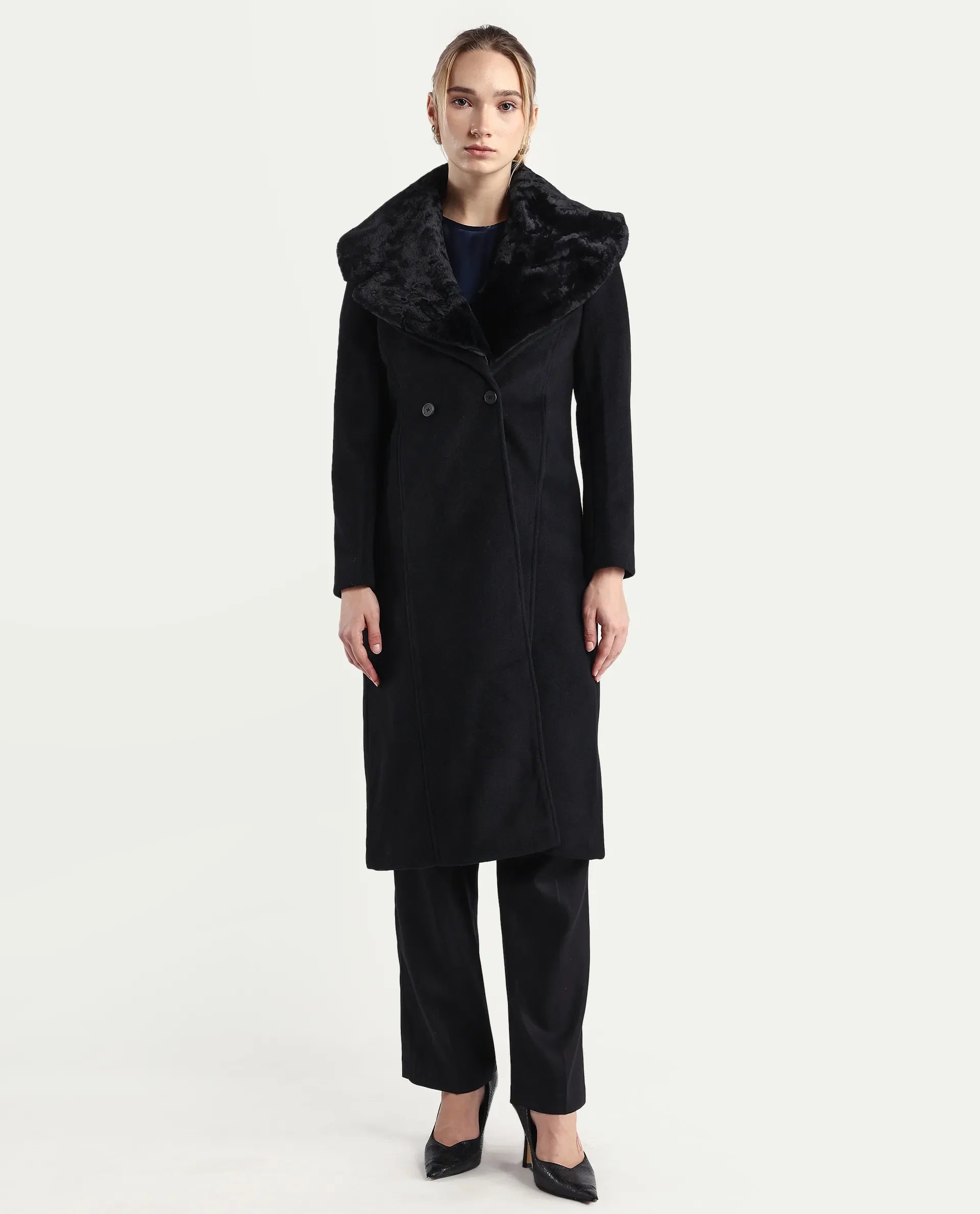 Rareism Women's Teich-25 Black Polyester Regular Fit Coat