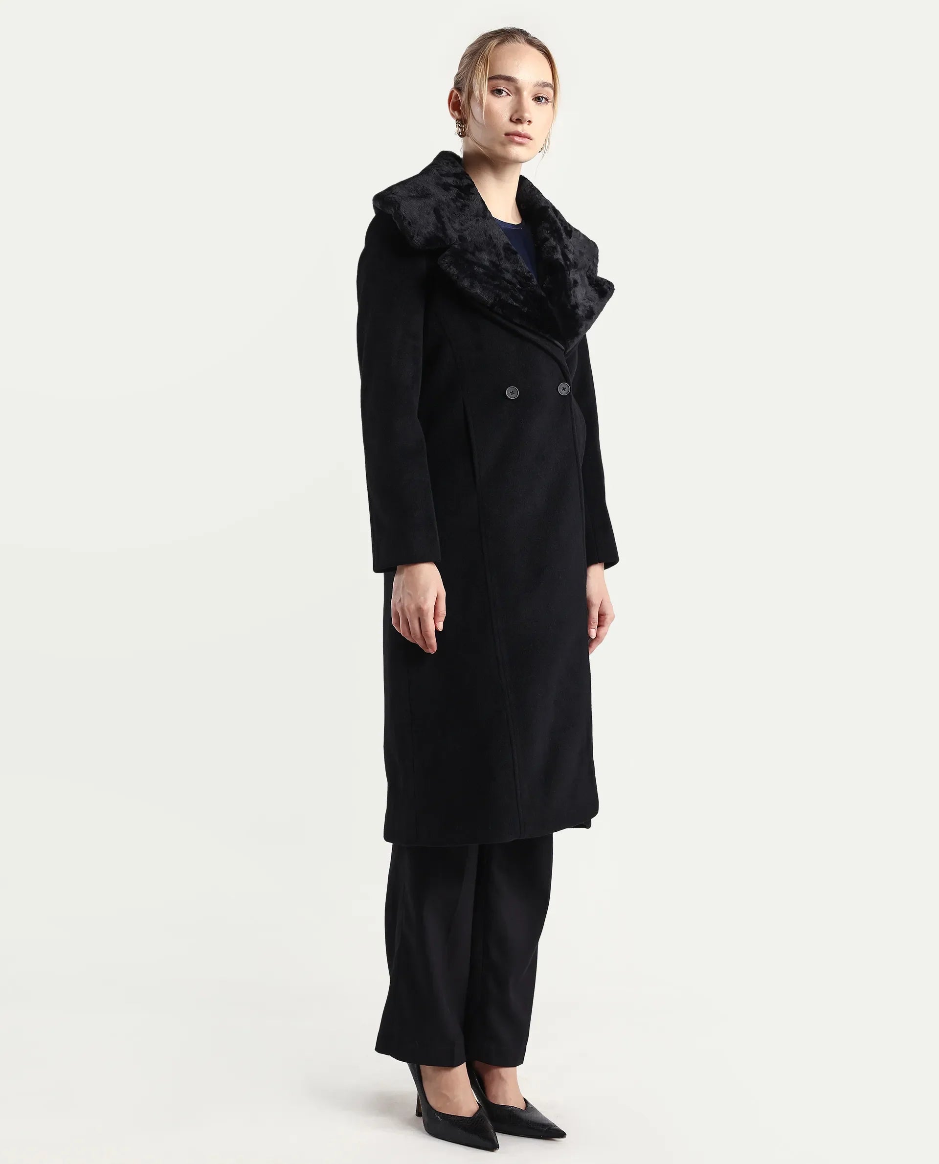 Rareism Women's Teich-25 Black Polyester Regular Fit Coat