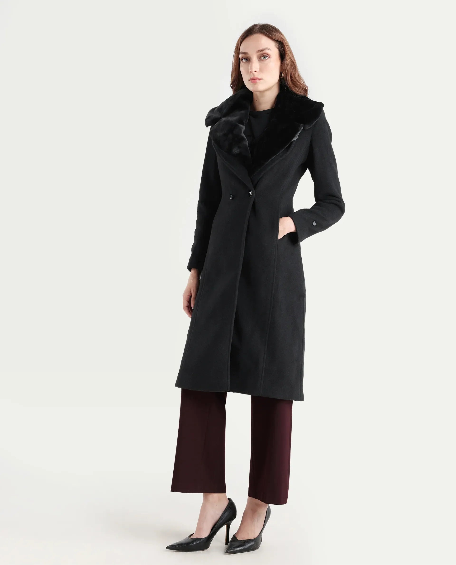 Rareism Women's Teich 1 Black Lapel Neck Plain Midi Regular Fit Jacket