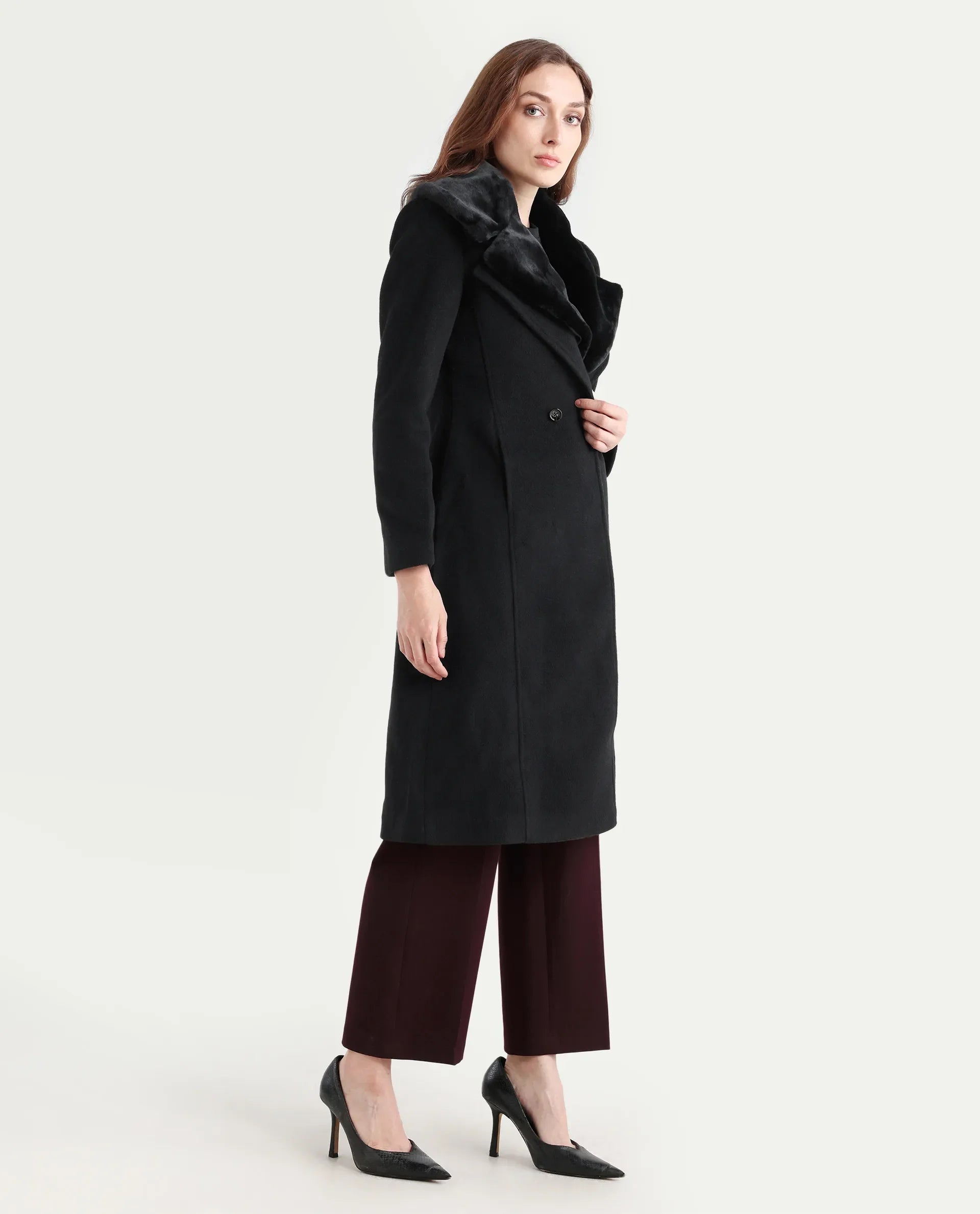 Rareism Women's Teich 1 Black Lapel Neck Plain Midi Regular Fit Jacket